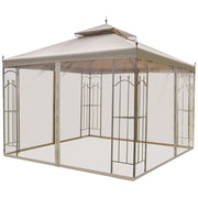 Outsunny 10' x 10' Patio Gazebo with Corner Frame Shelves, Double Roof Outdoor Gazebo Canopy Shelter with Netting, for Patio, Wedding, Catering & Events, Brown