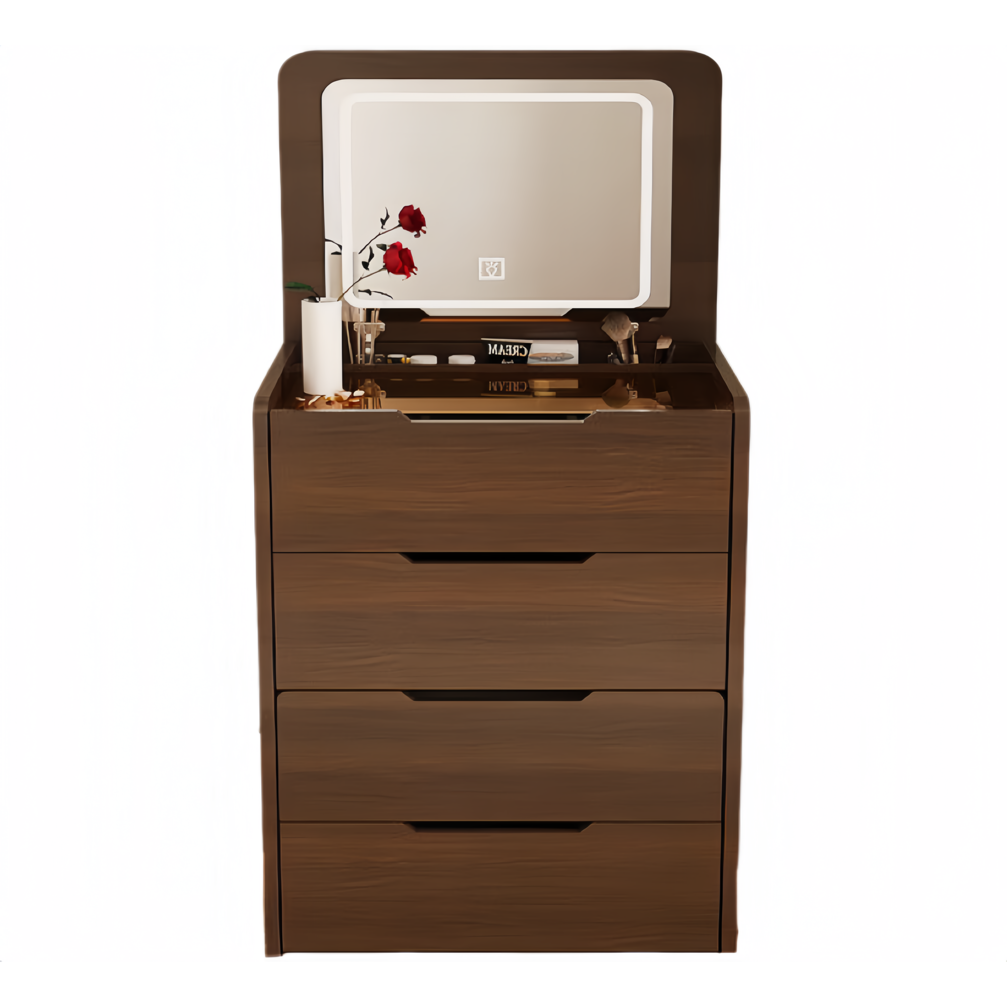 3 in 1 Vanity Desk with Flip-Top Mirror, Compact Makeup Table with Glass Top and 3 Drawers for Bedroom, Walnut