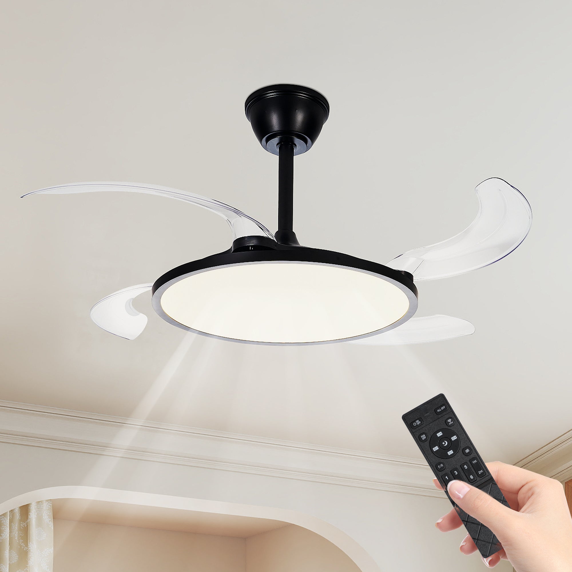 Retractable Ceiling Fans with Lights,42 inch Ceiling Fan with Light and Remote Control,Flush Mount,DC Reversible,3CCT,Low Noise,White Ceiling Fan for Bedroom,Living Room,Kitchen,Indoor Use