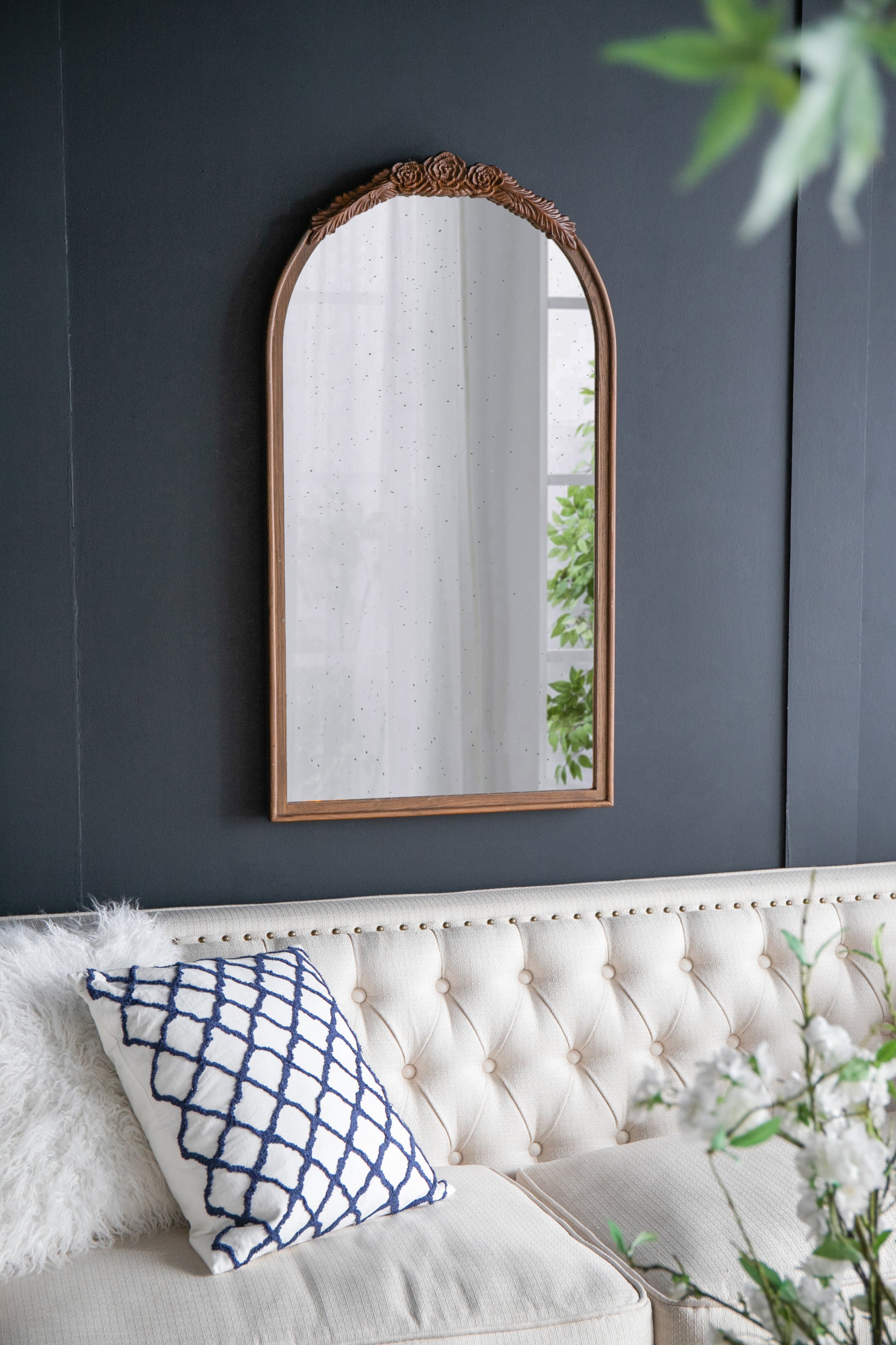 23' x 42'  Hand Carved Rose Antique Mirror Frame, Wood Arch Mirror Wall Decor for Living Room, Bathroom, Entryway(Brown)