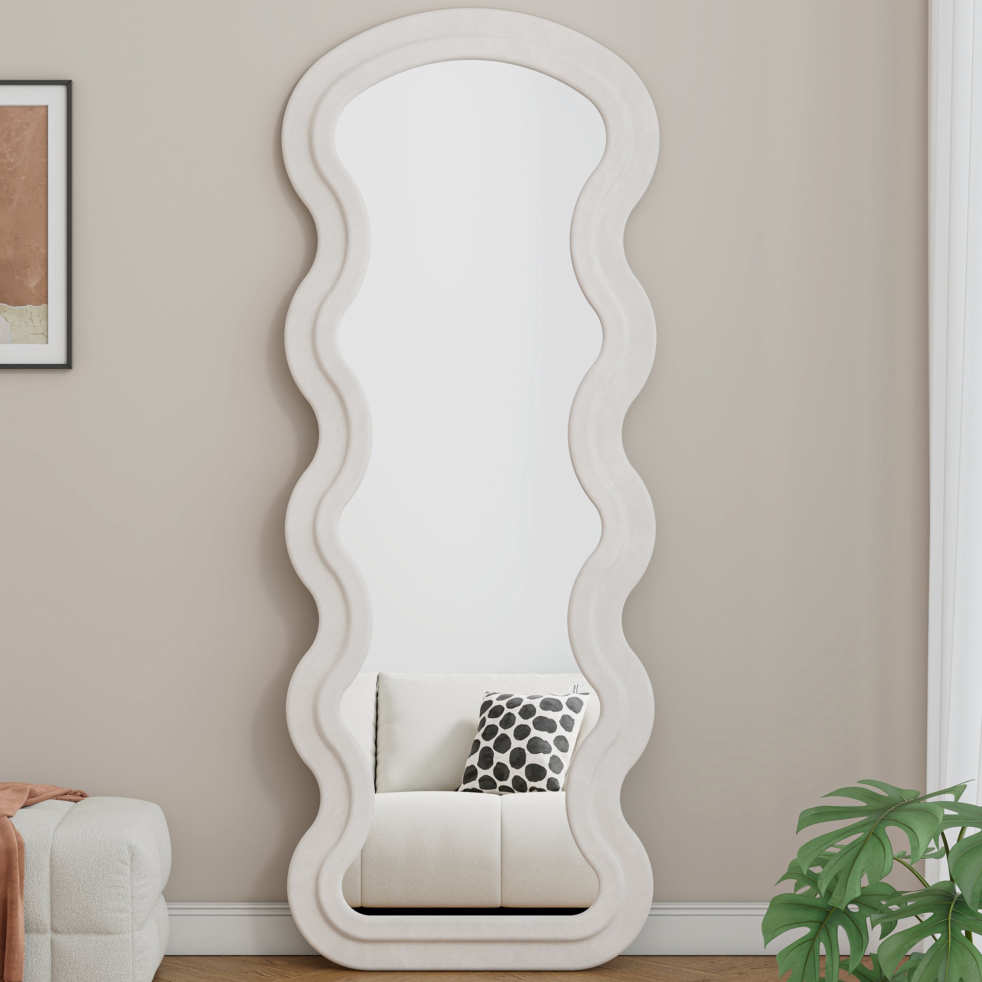 Flannel Full Length Wave white Floor Mirror with Stand for Bedroom living room Hanging or Against The Wall