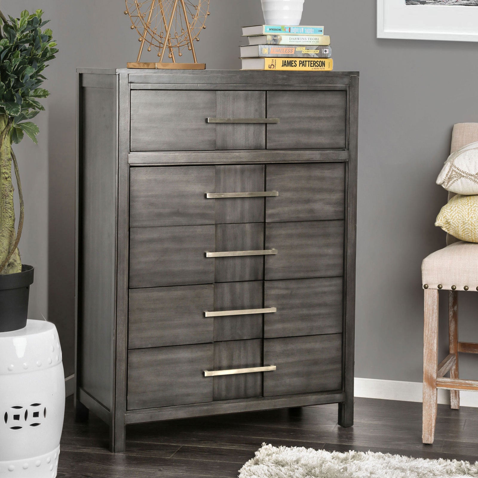 Transitional Style 1pc Chest English Dovetail Five Drawers Ball Bearing Glide Top Felt-Lined Drawer Gray Finish