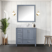 Dark Grey Bath Vanity 36 in. W x 22 in. D, Right Offset Carrara Marble Top, and Faucet Set