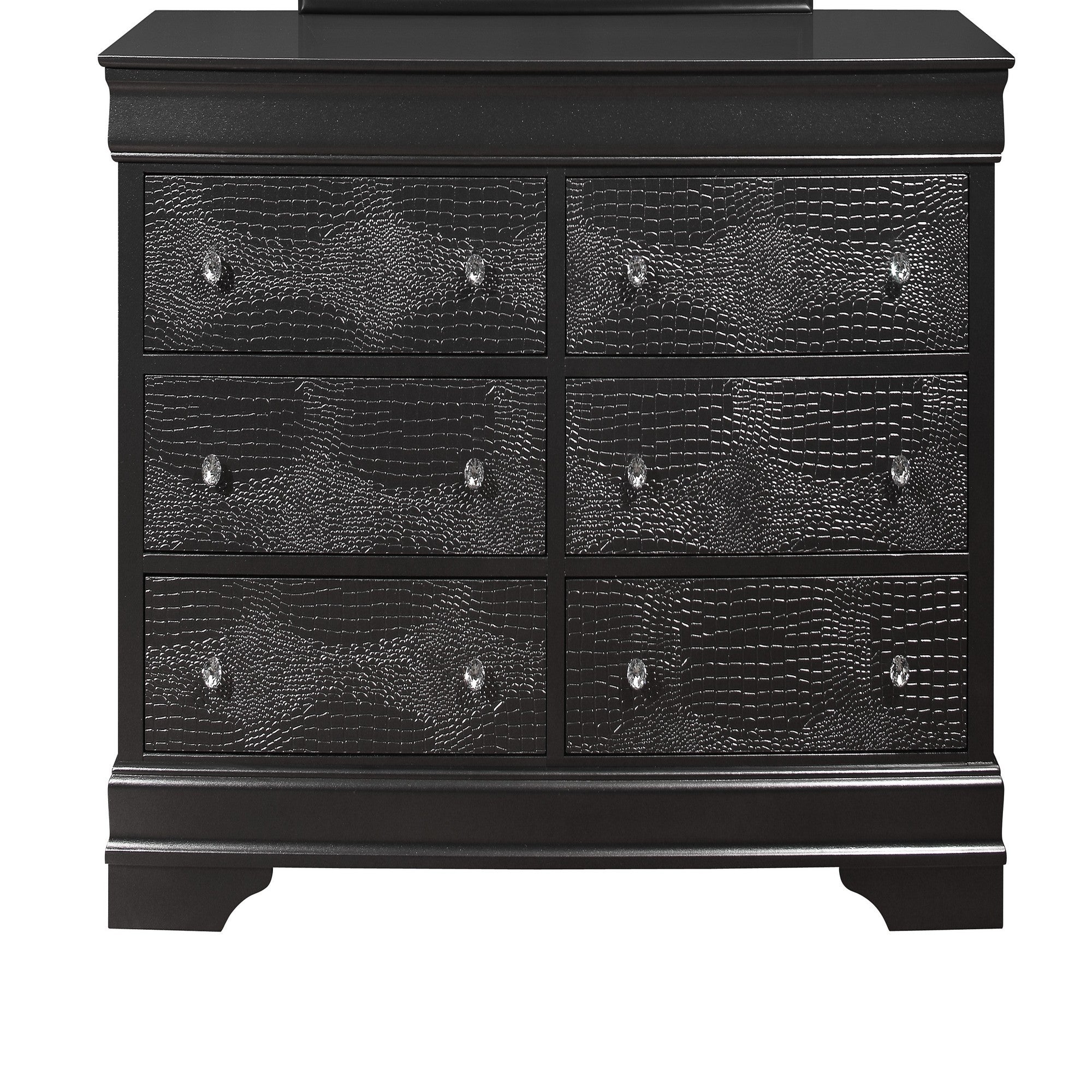 Contemporary Shaker Crocodile Metallic Grey Dresser with Crystal Embellished Hardware and Textured Drawer Fronts