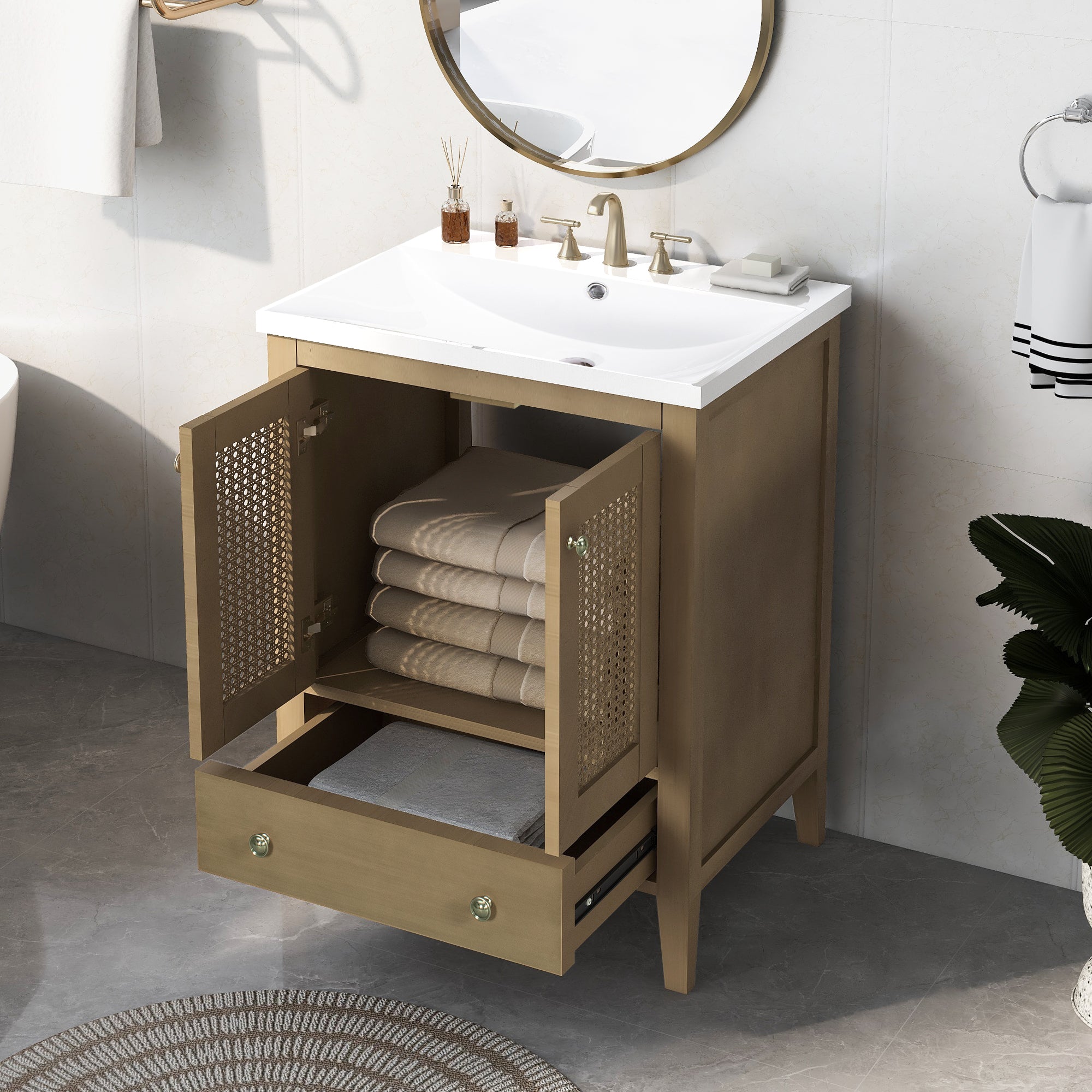 24' Bathroom Vanity with Ceramic Basin, Rattan Bathroom Storage Cabinet with Two Doors and Drawer, Solid Frame, Natural (OLD SKU: JL000008AAD)
