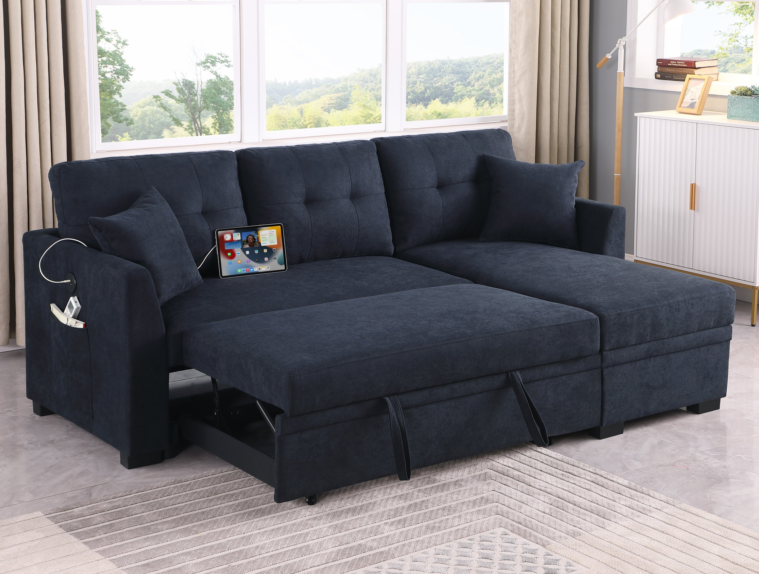 Sectional Sofa Bed L-Shaped Sofa Couch Bed with USB Port, Reversible Sofa Couch Sleeper with Pull Out Bed, Chaise with Storage, Pull Out Couch for Living Room