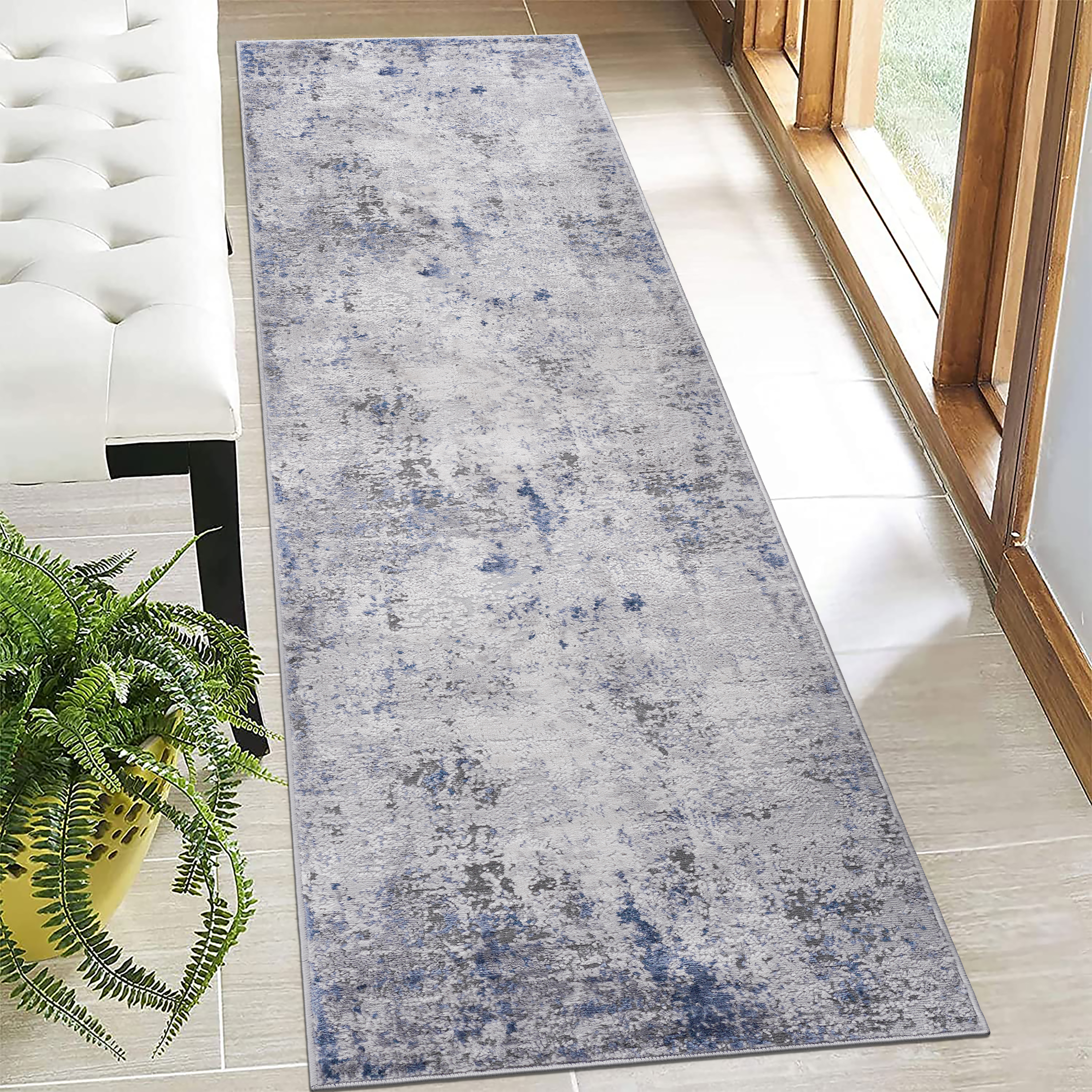 LOOM & LUXE Collection 2X8 Silver/Blue/Abstract Non-Shedding Living Room Bedroom Dining Home Office Stylish and Stain Resistant Area Rug