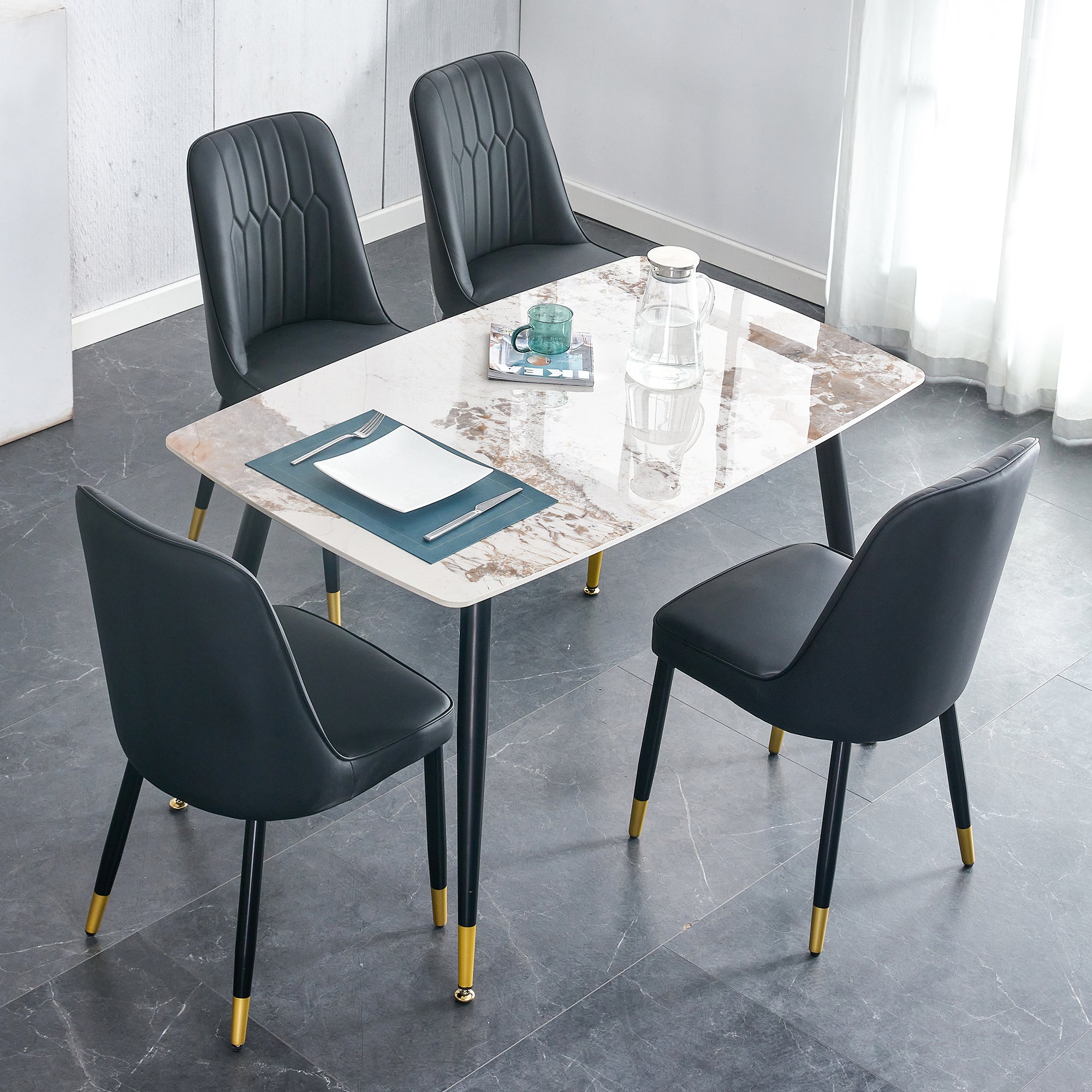 Table and chair set.  patterned stone burning tabletop with black metal legs. The chair with black PU artificial leather backrest cushion and black metal legs. 1 table and 4 chairs. 001 007