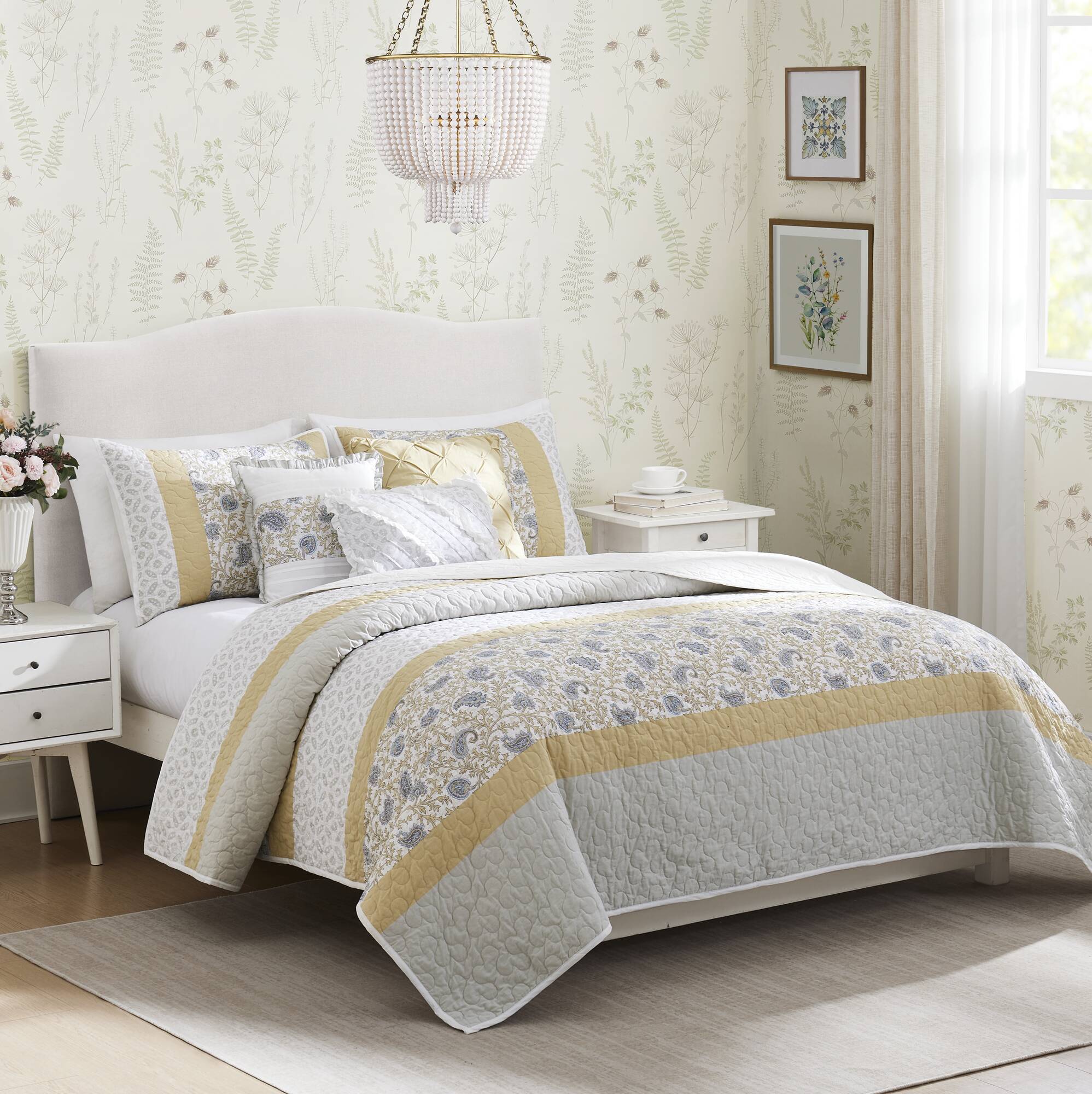 6 Piece Cotton Percale Quilt Set with Throw Pillows Yellow Full/Queen