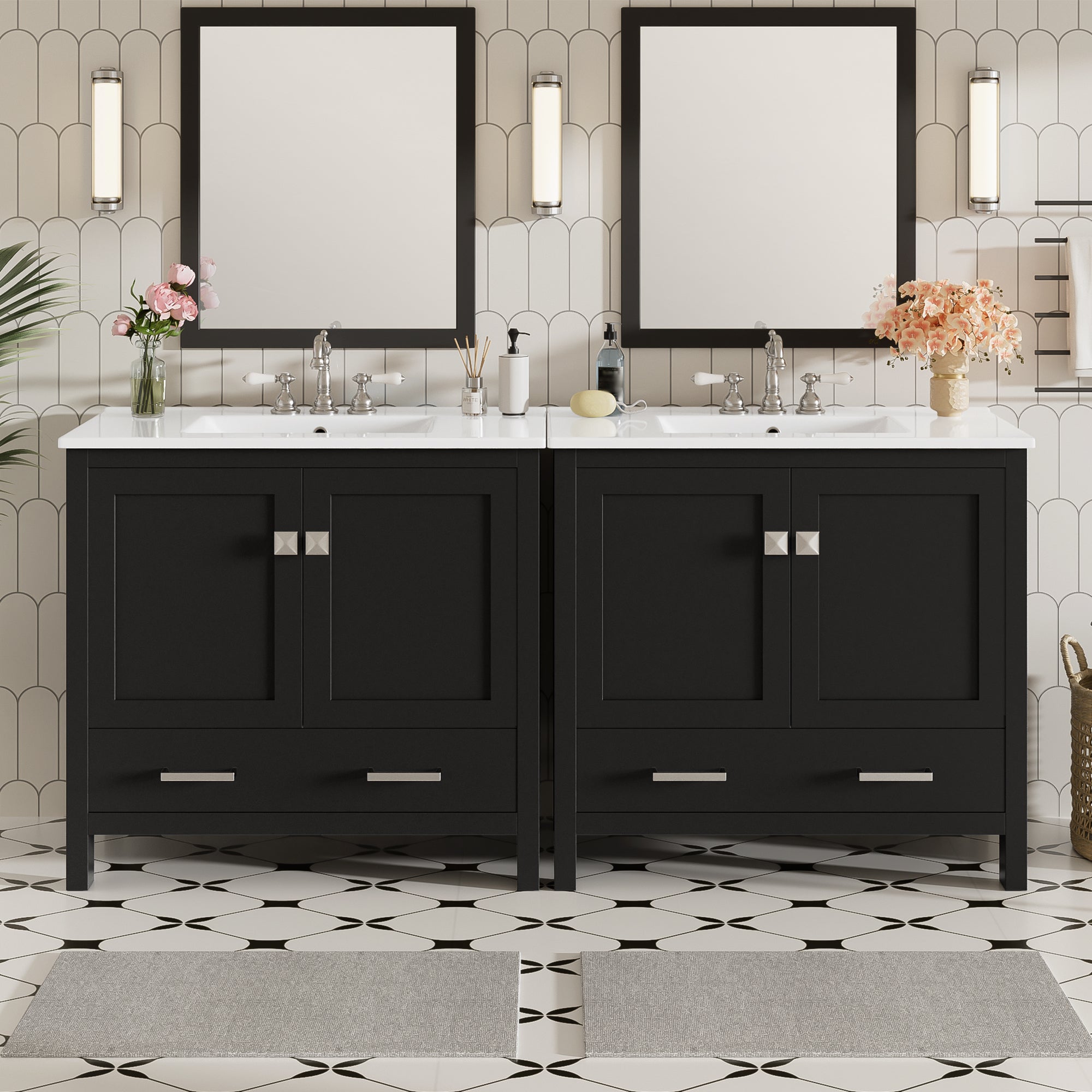 72' Black Bathroom Vanity with Ceramic Sink, Soft-Close Doors, Double Storage Shelves & Divided Drawer – Modern Bathroom Cabinet with Ample Storage