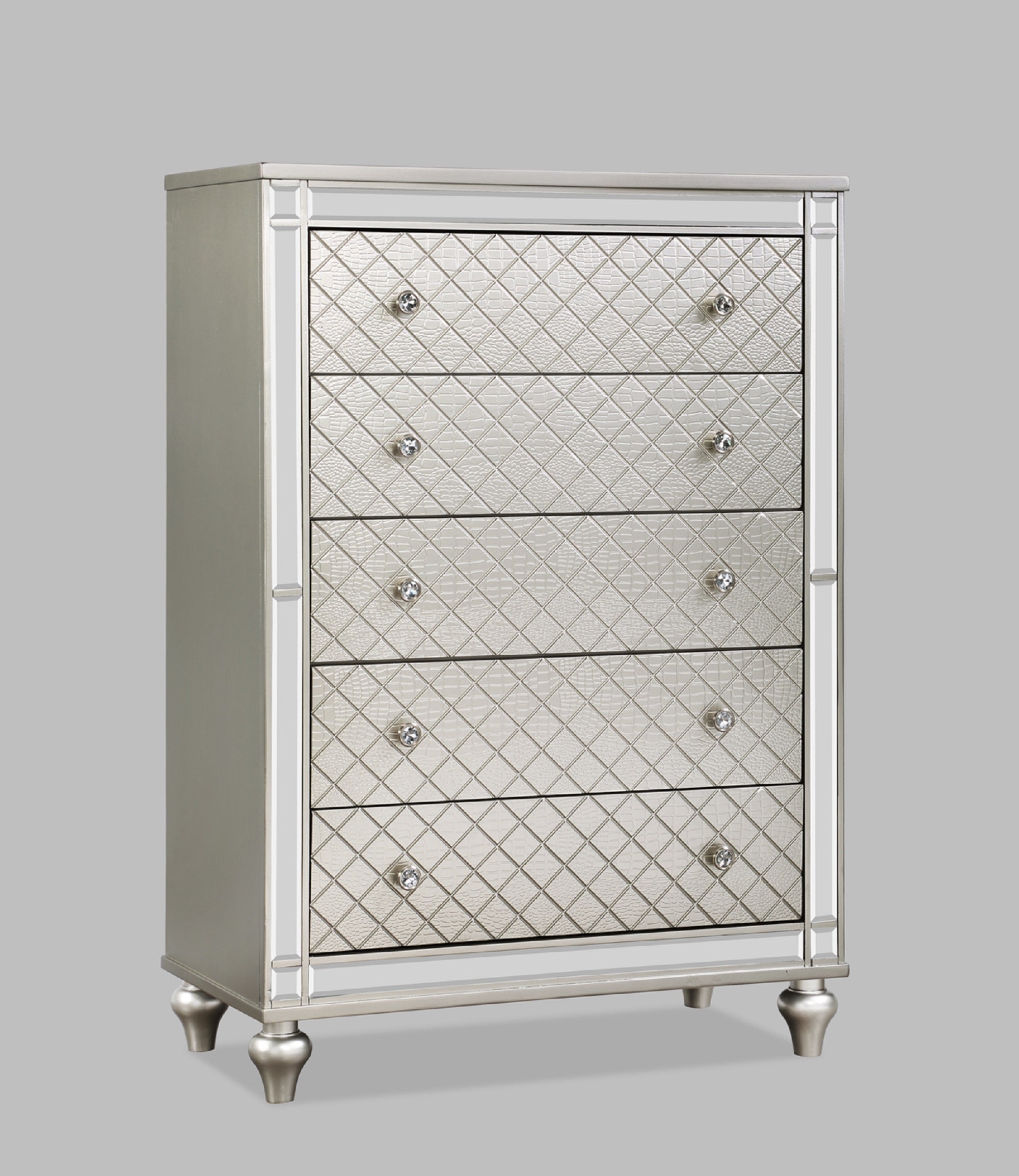 1pc Glam 5-Drawer Bedroom Chest Diamond Patterned Drawer Fronts Silver Finish