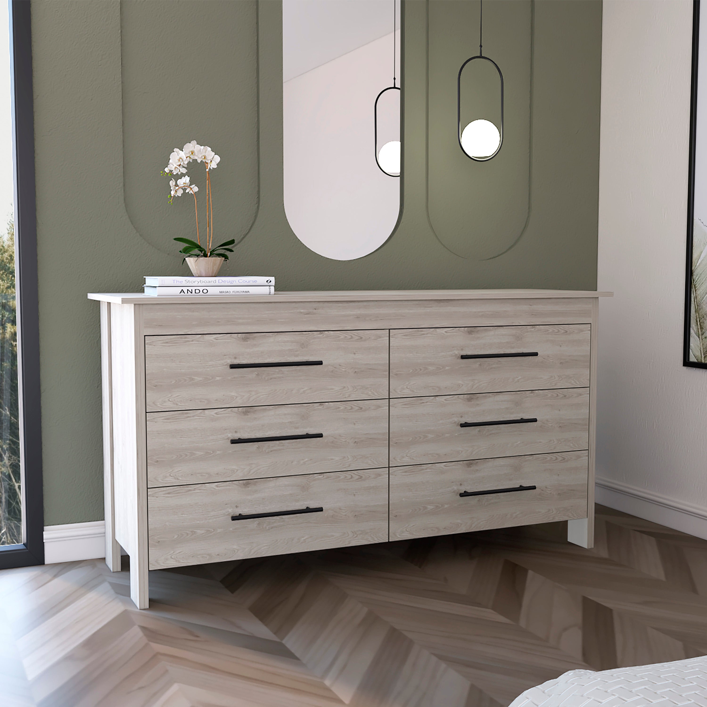Double Dresser, Four Legs, 6 Drawer, Superior Top, Light Gray