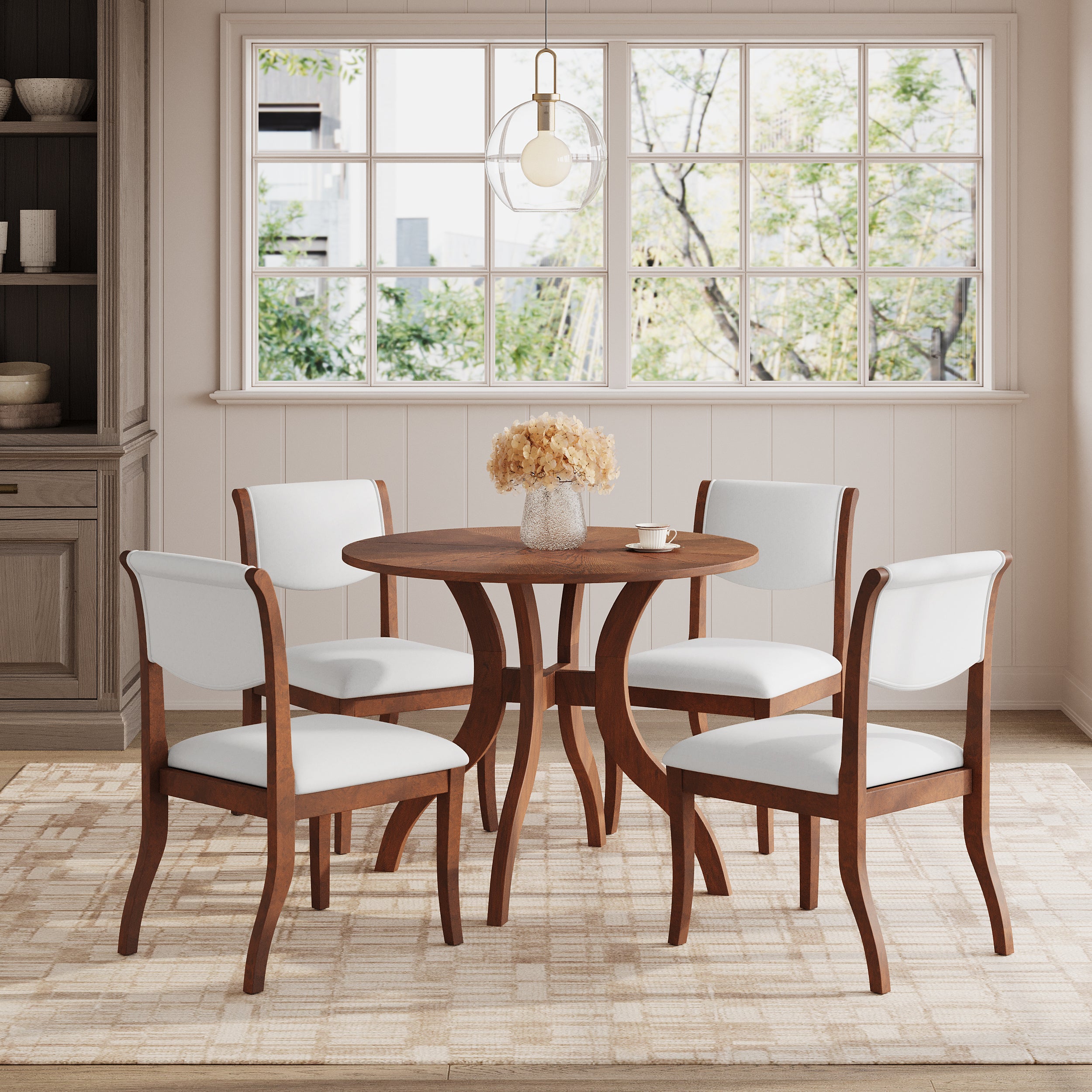 Walnut Dining Table Set:39.4' Round Table + 2 Chairs - Traditional Solid Wood Kitchen Set with Inlaid Tabletop, Elegant Curved Legs for Dining Room