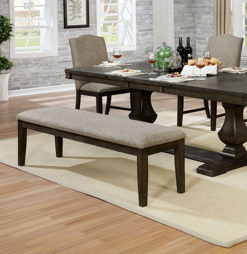 Transitional Modern Style Espresso Frame 1pc Bench Padded Seat Back Nailhead Trim Warm Gray Fabric
