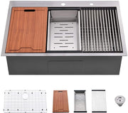 Workstation 33-inch Drop-In 16 Gauge Kitchen Sink R10 Radius Stainless Steel Kitchen Sink Single Bowl with Intergrated Ledge & Accessories (Pack of 5) -33'x22'x10'