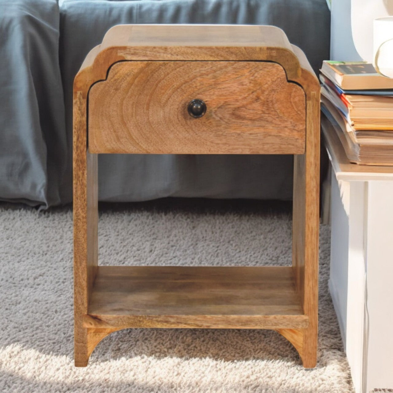 Newton Mini Oak-ish Nightstand with a Drawer and Open Shelf, Beige and Brown