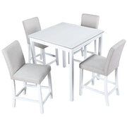 5 Piece Counter Height Table Set, Wooden Kitchen Table Set with Square Table and 4 Upholstered Chairs, Counter Height Dining Table with Crystal Decoration and Chair Set for Kitchen, Dining Room, White