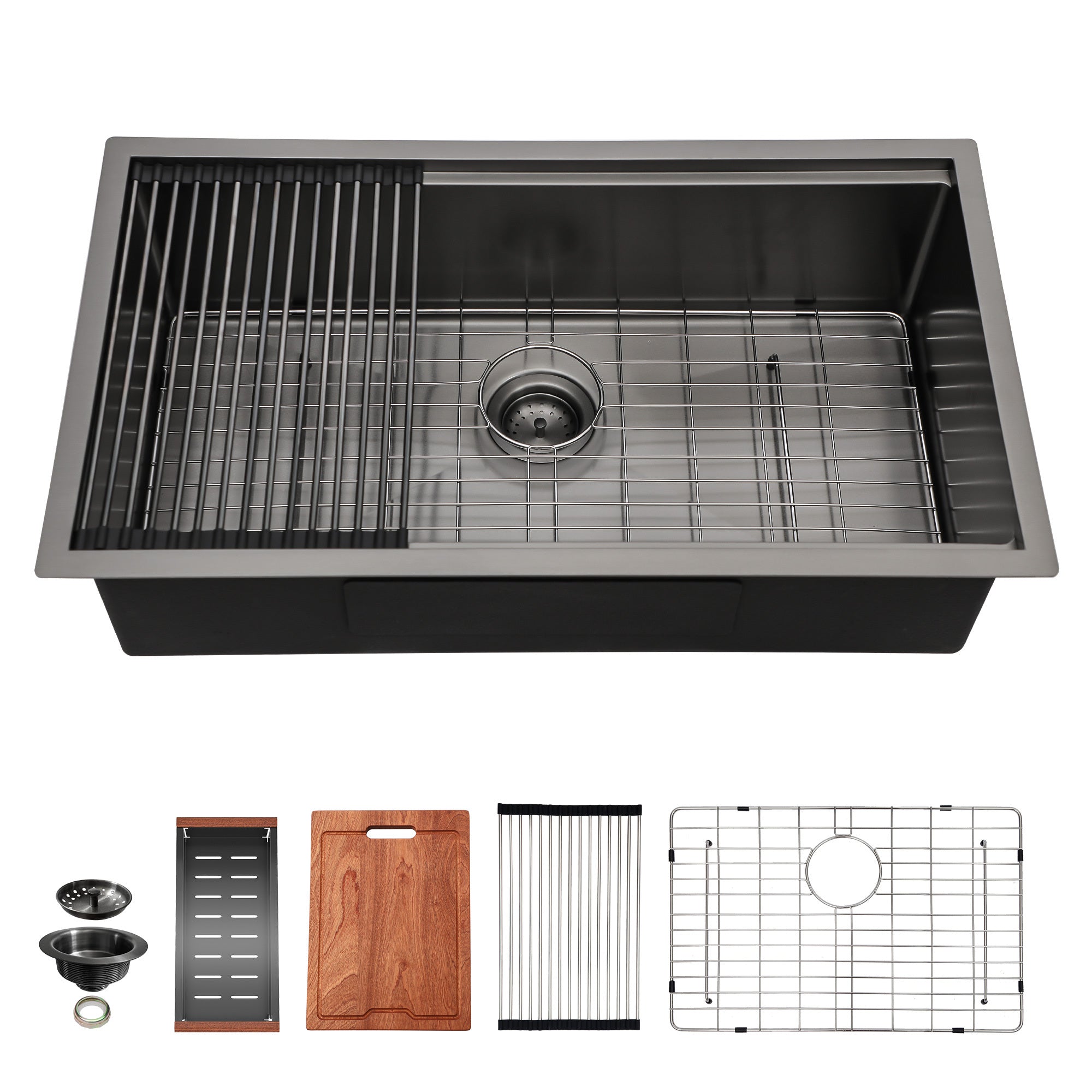 Gunmetal Black Workstation Kitchen Sink 28' x 18' x 10' Single Bowl Undermount 16 Gauge Stainless Steel