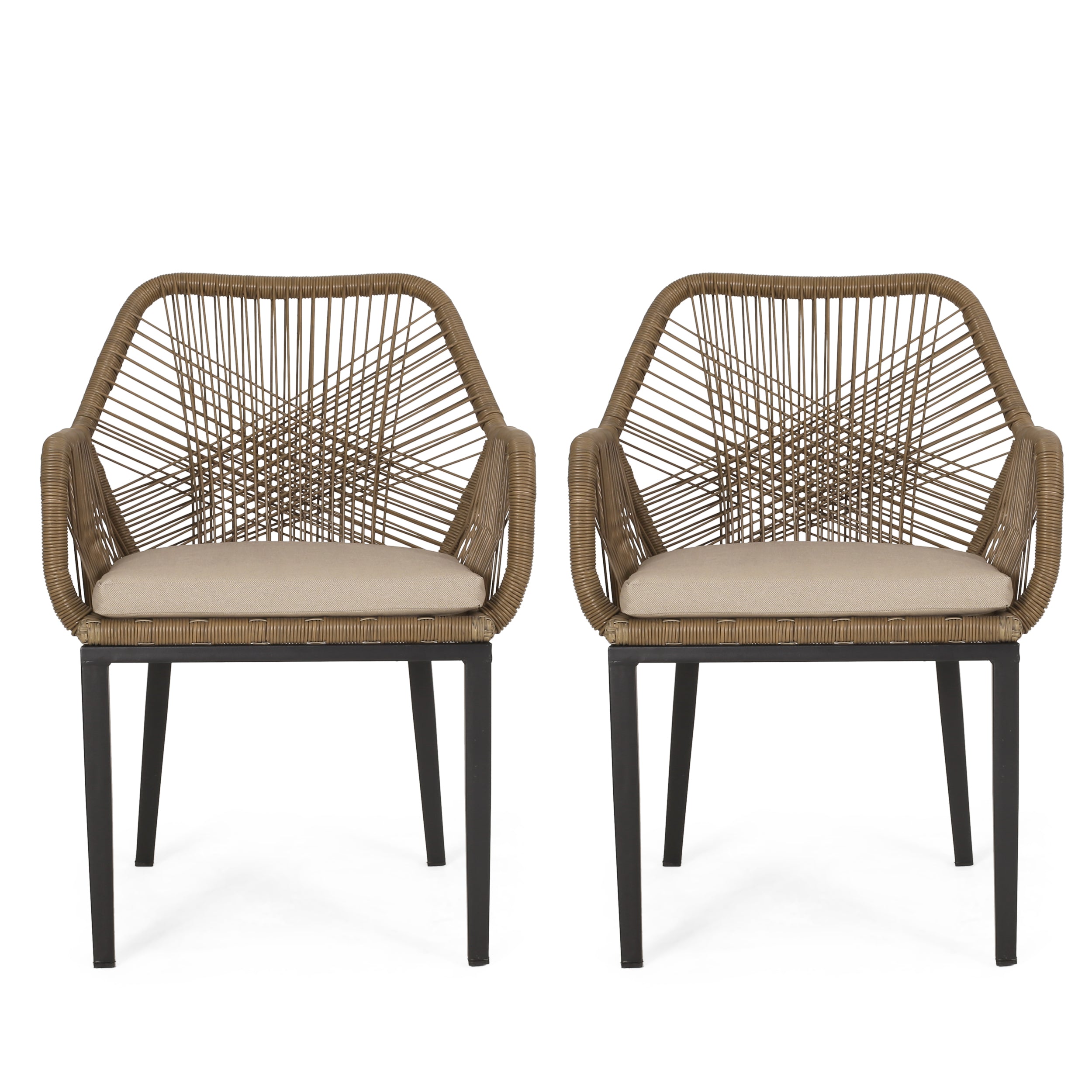 Modern Wicker Dining Club Chair with Water-Resistant Cushions in Brown and Beige
