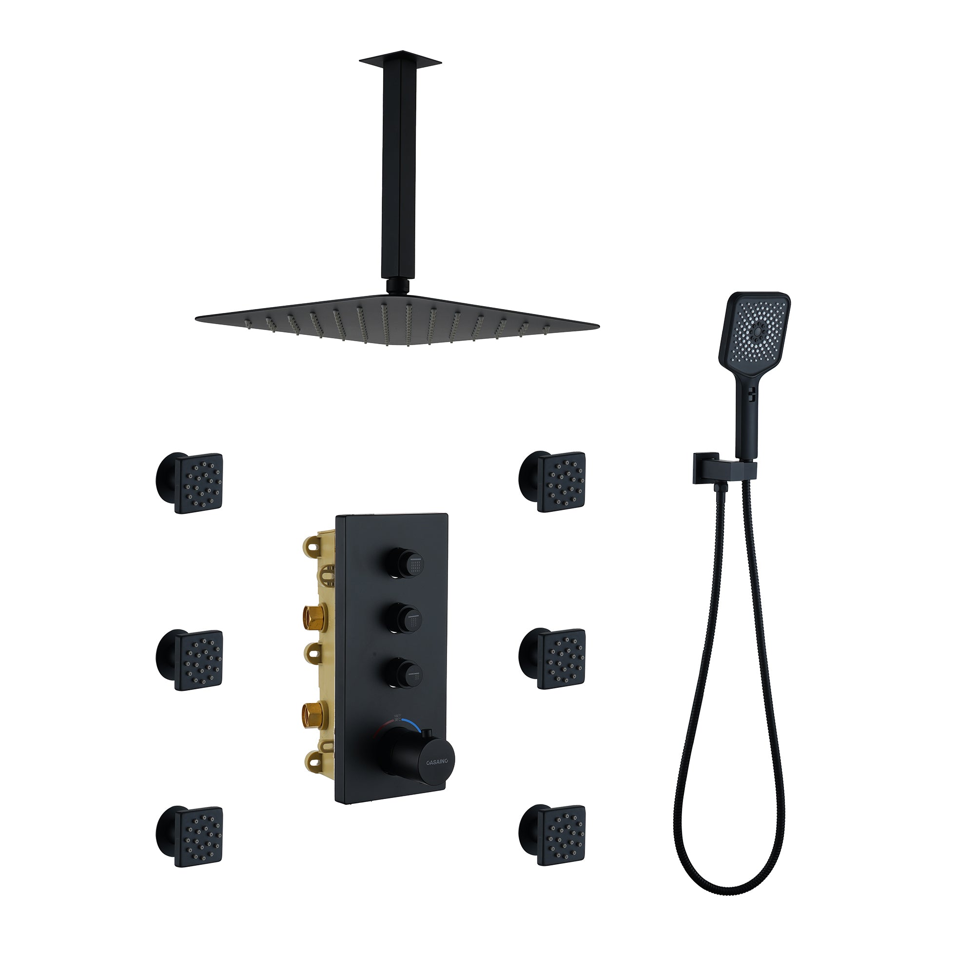 3 Functions 12 Inch Ceiling Mounted Thermostatic Shower System in Matte Black with square shower head