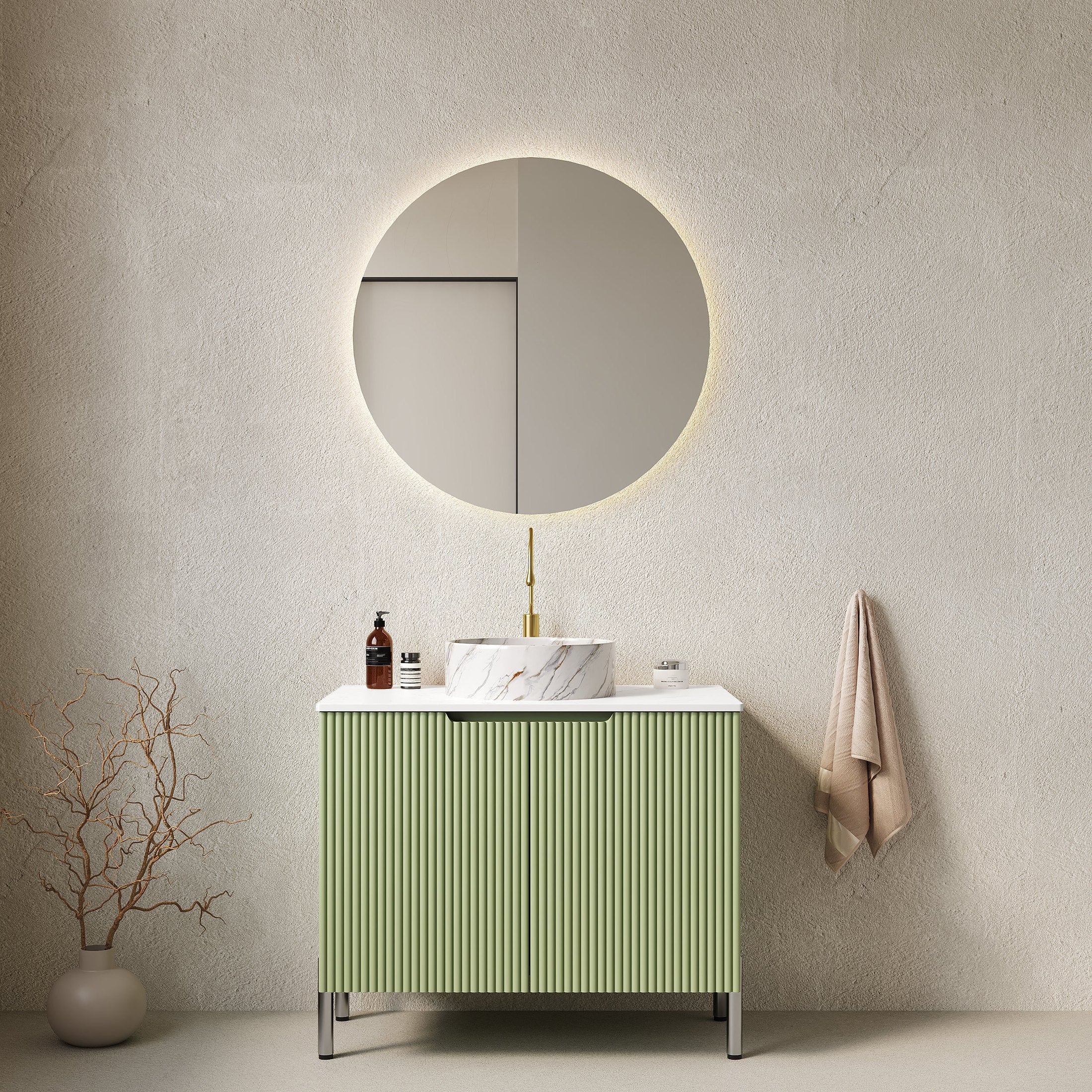 TURIO 30' Bathroom Vanity with Sink, Freestanding Bathroom Storage Cabinet with 2 Doors, White Round Ceramic Basin with Stone Pattern and Carrara White Counter Top, No Faucet, Light Green Color