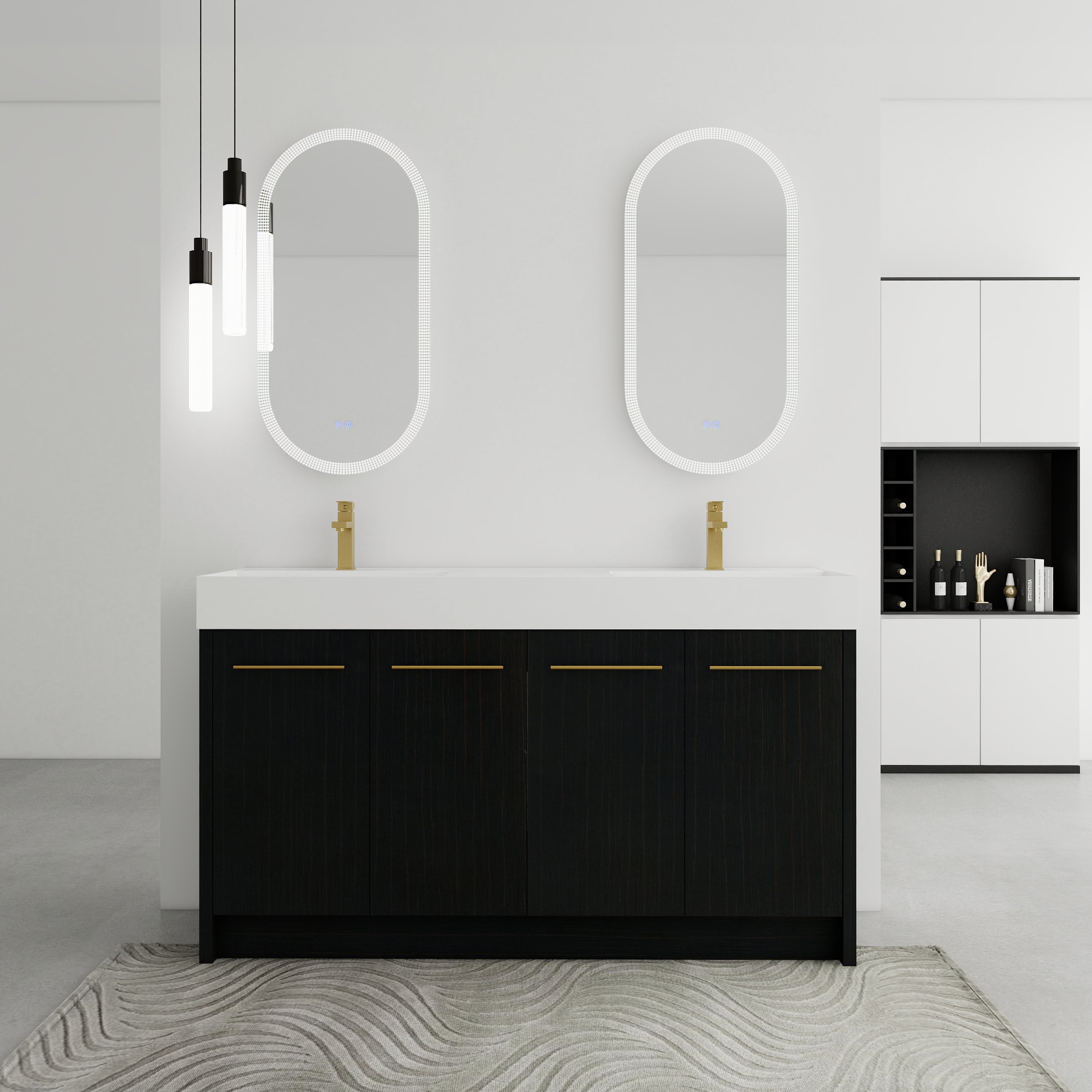 60 Inch Freestanding Bathroom Vanity with Resin Double Sink, With Soft Closing Door, KD-Package