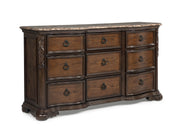1pc Genuine Marble Top Nine Drawers Dresser Intricate Moldings Beautifully Curved Silhouette Rich Coffee Wood Finish Bedroom Solid Wood Furniture