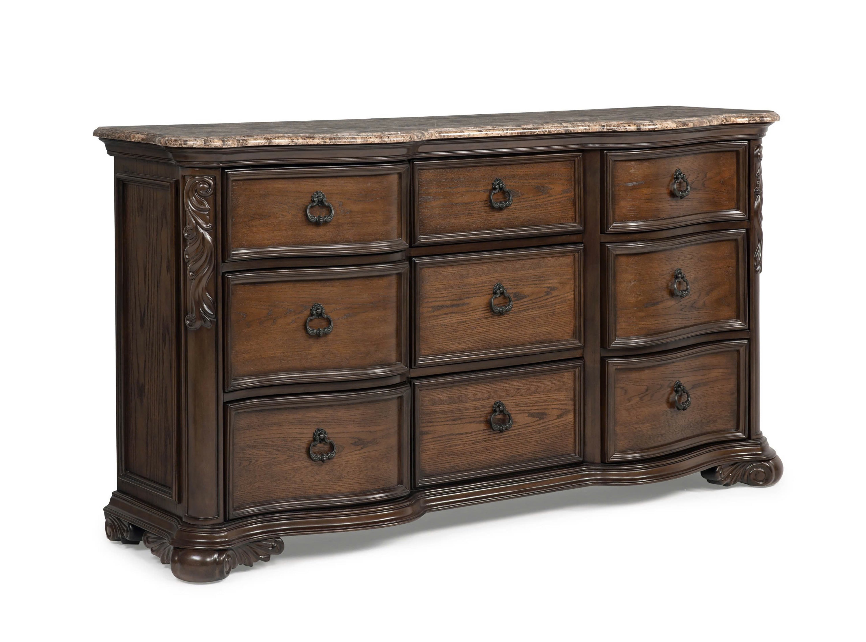 1pc Genuine Marble Top Nine Drawers Dresser Intricate Moldings Beautifully Curved Silhouette Rich Coffee Wood Finish Bedroom Solid Wood Furniture