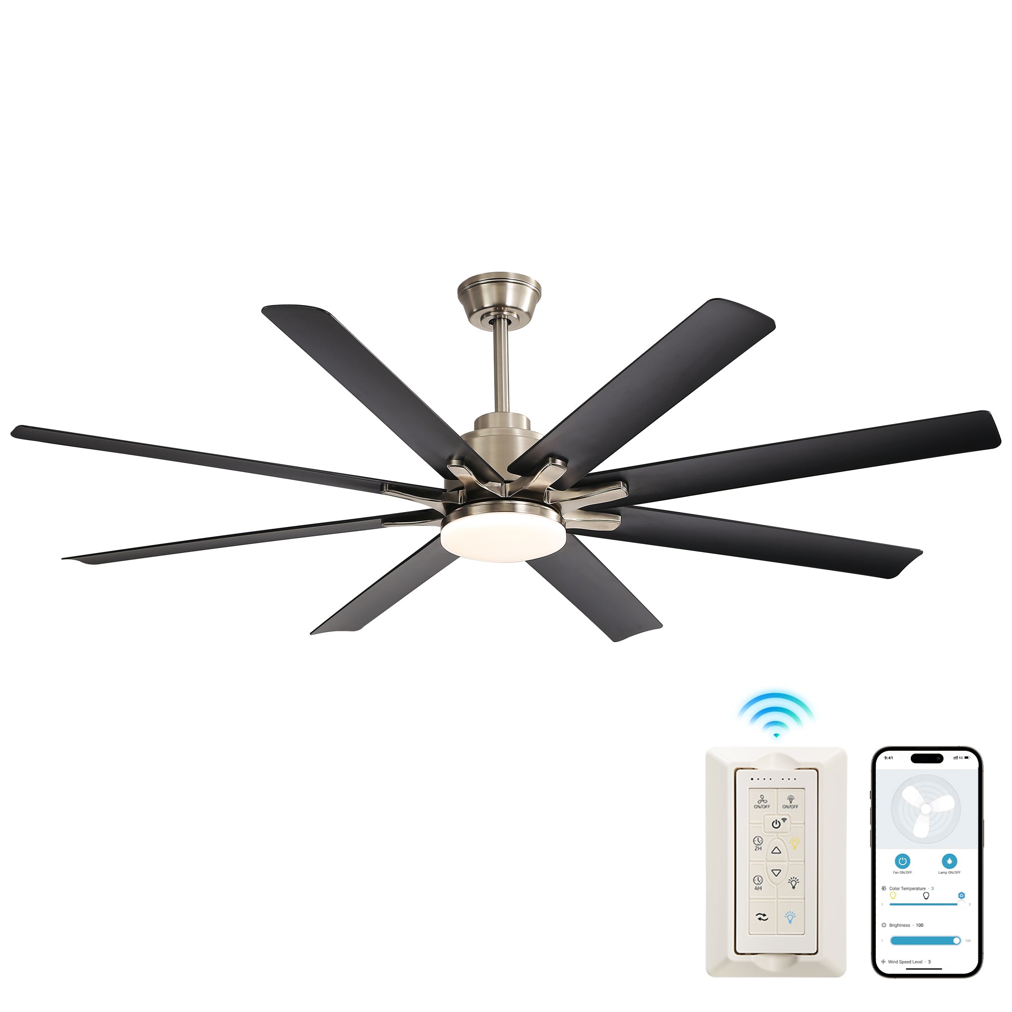 52-Inch Smart Ceiling Fan With Lights,6 Wind Speed,With 8 Black ABS Blades,Voice Remote,Fan For Bedroom,Living Room,Patio,Kitchen