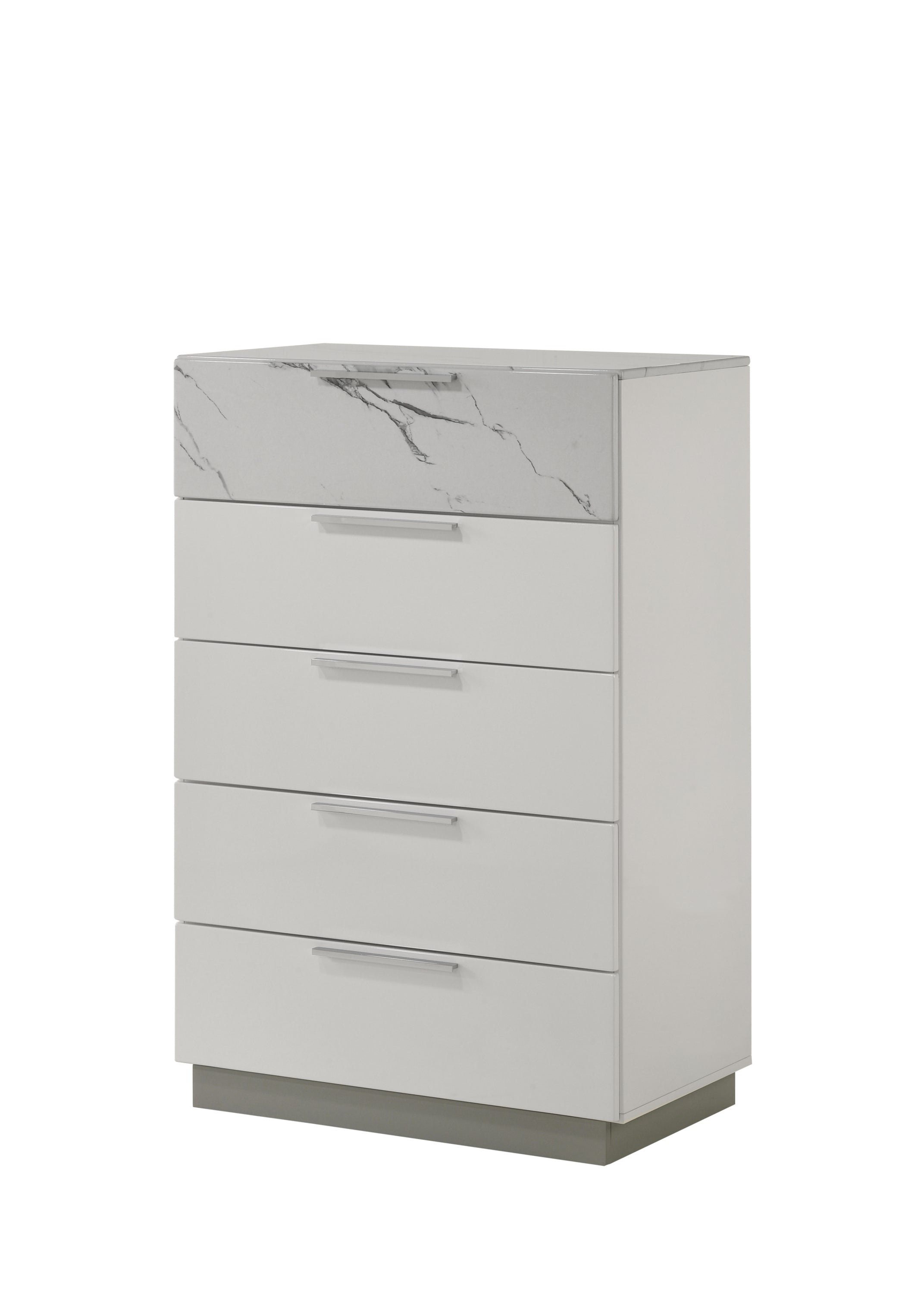 Mist Chest White – Two-Tone High-Gloss Marble & Lacquer Finish with Five Smooth-Glide Drawers, Velvet-Lined Top Drawer      same asG150108673  (NJ inventory)