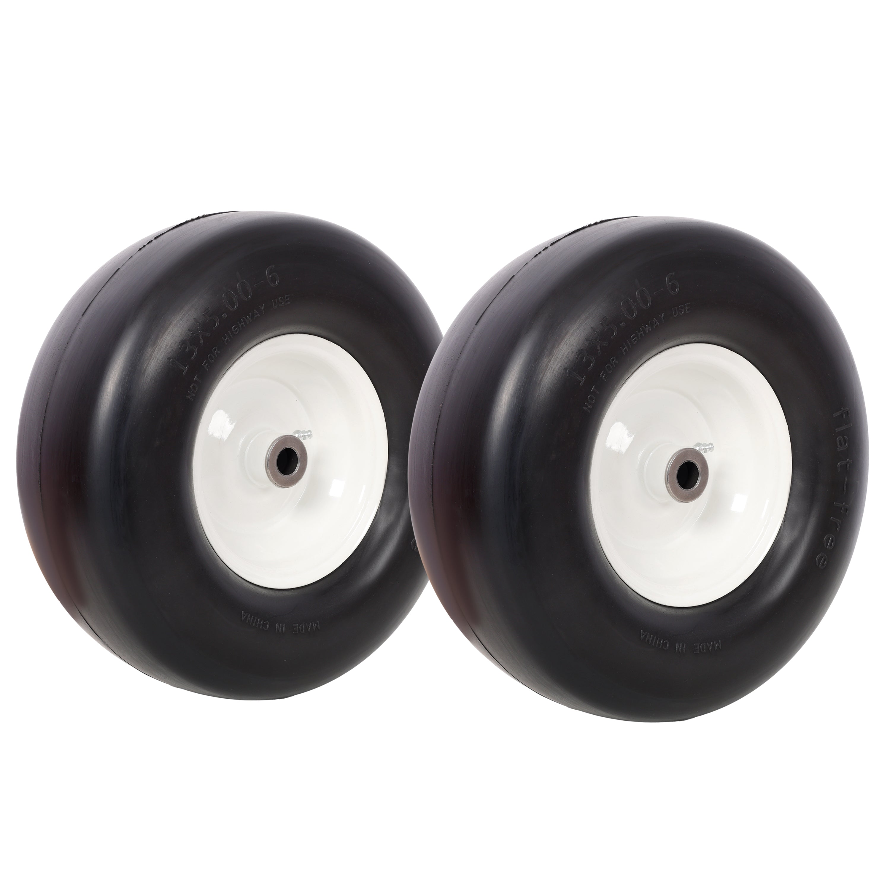 2pcs 13x5.00-6' Flat Free Lawn Mower tires,Zero Turn Mower replacement Solid Tire, Smooth tread, 3/4' Bearing 3' Central Hub, 500 LB Load capacity per pc. 2 PCS/ PACK