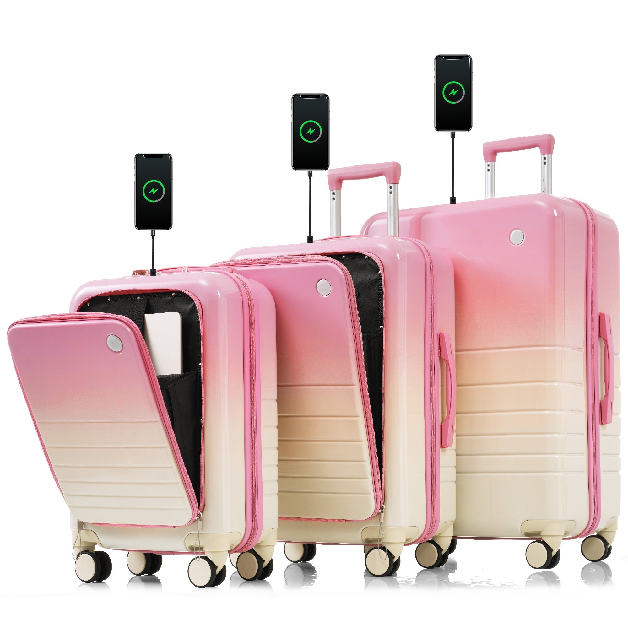 Luggage Set of 3, 20, 24, 28inch with USB Port, 20, 24inch with front opening design Airline Certified Carry on Luggage with Cup Holder, ABS+PC Hard Shell Luggage with Spinner Wheels, pink