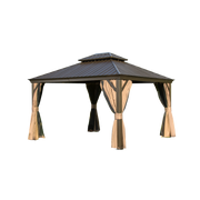 12'x14' Hardtop Gazebo, Outdoor Aluminum Frame Canopy with Galvanized Steel Double Roof, Outdoor Permanent Metal Pavilion with Curtains and Netting for Patio, Backyard and Lawn(Brown)