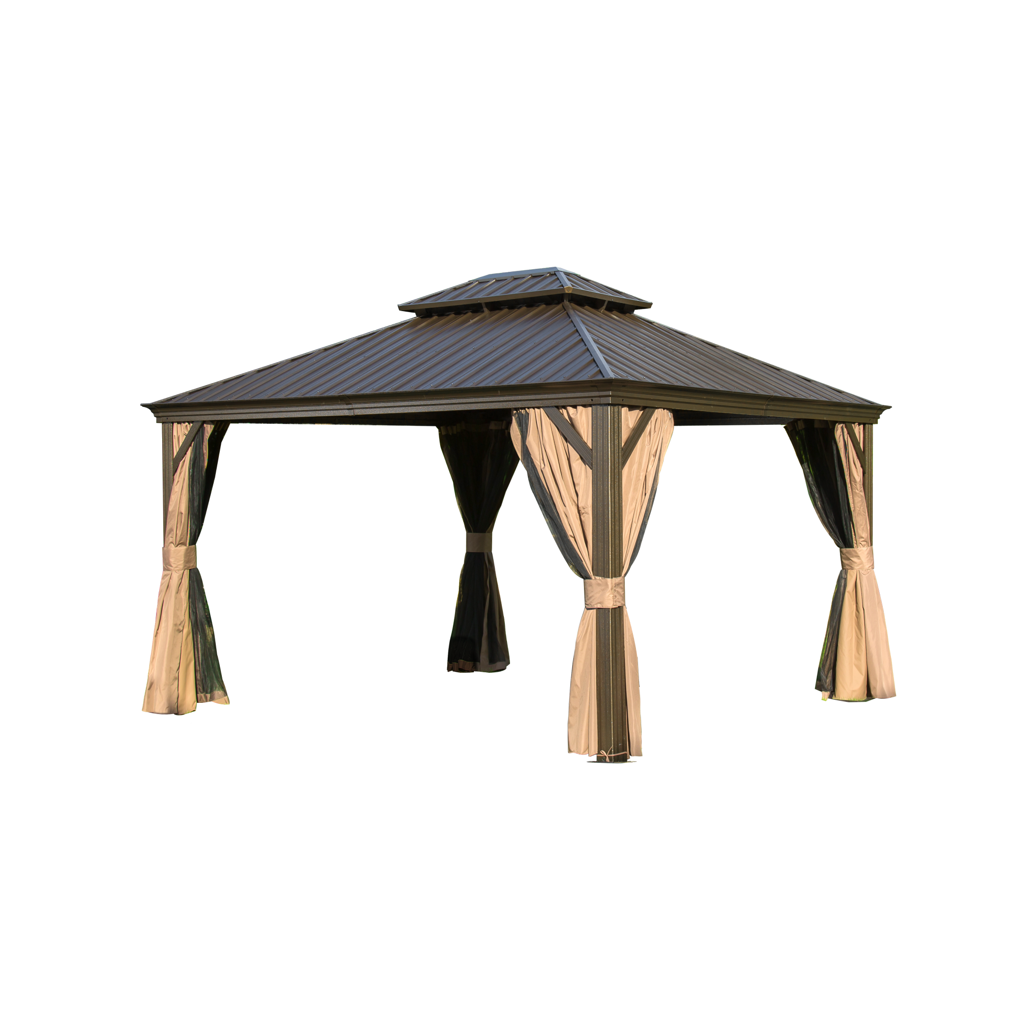 12'x14' Hardtop Gazebo, Outdoor Aluminum Frame Canopy with Galvanized Steel Double Roof, Outdoor Permanent Metal Pavilion with Curtains and Netting for Patio, Backyard and Lawn(Brown)