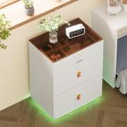 3-Drawer 30'' Nightstand with  LED Light, Modern Nightstand with 3 Storage Drawers, Bedside Table with Glass Top Jewelry Storage and Faux Leather Handles for Bedroom, Livingroom, Cloakroom, White