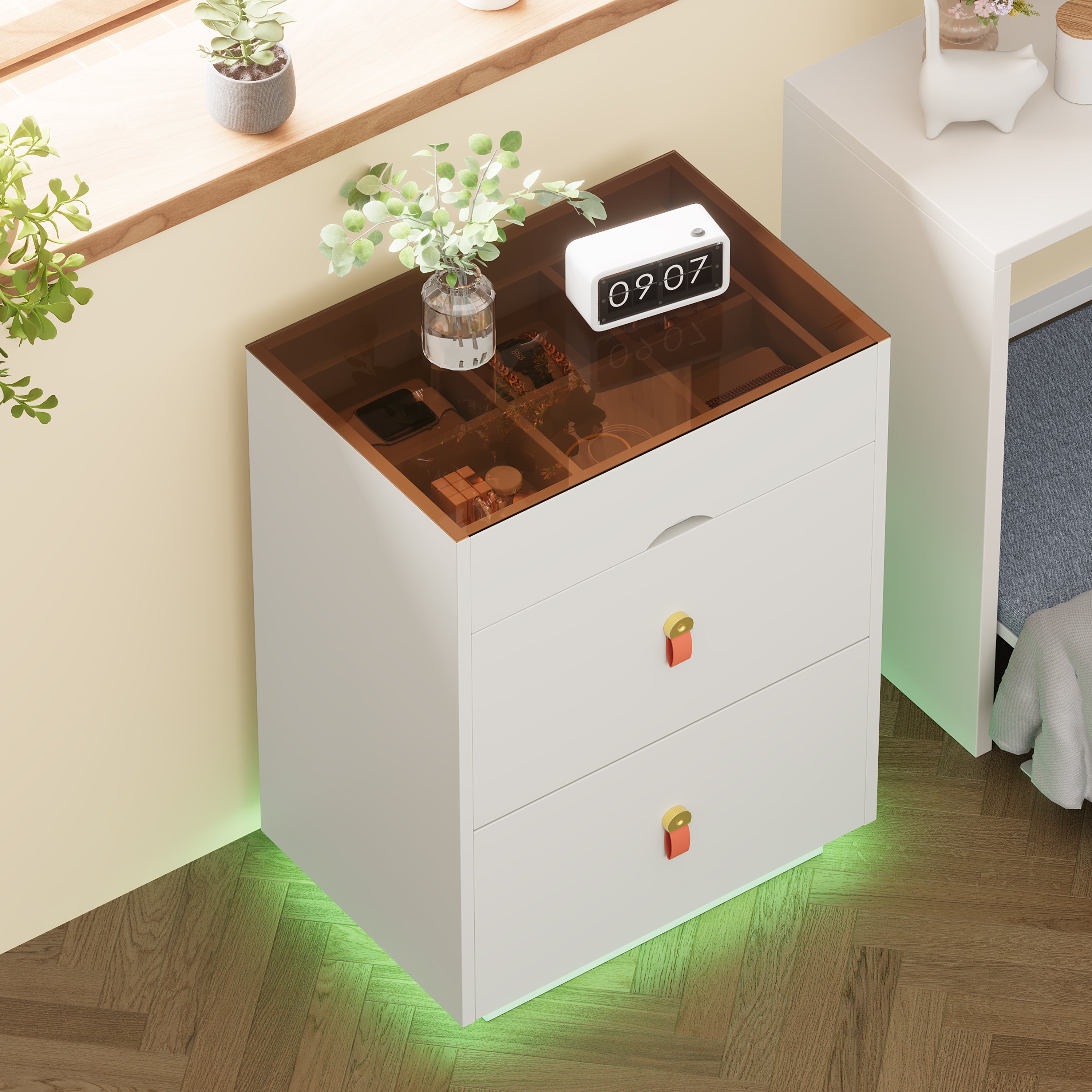 3-Drawer 30'' Nightstand with  LED Light, Modern Nightstand with 3 Storage Drawers, Bedside Table with Glass Top Jewelry Storage and Faux Leather Handles for Bedroom, Livingroom, Cloakroom, White