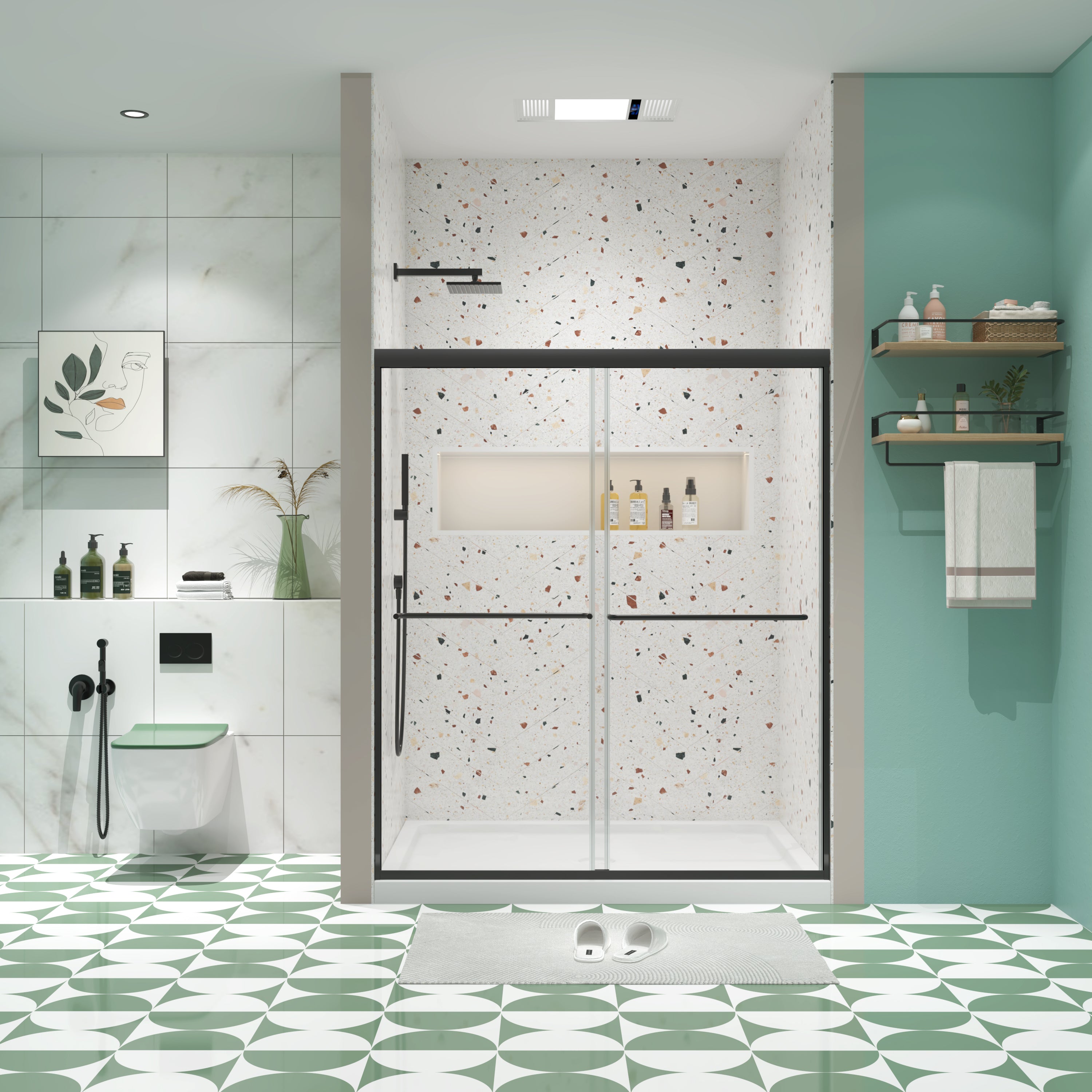 Bypass shower door, sliding door, with 1/4' tempered glass and Matted black finish 56-60'x70'