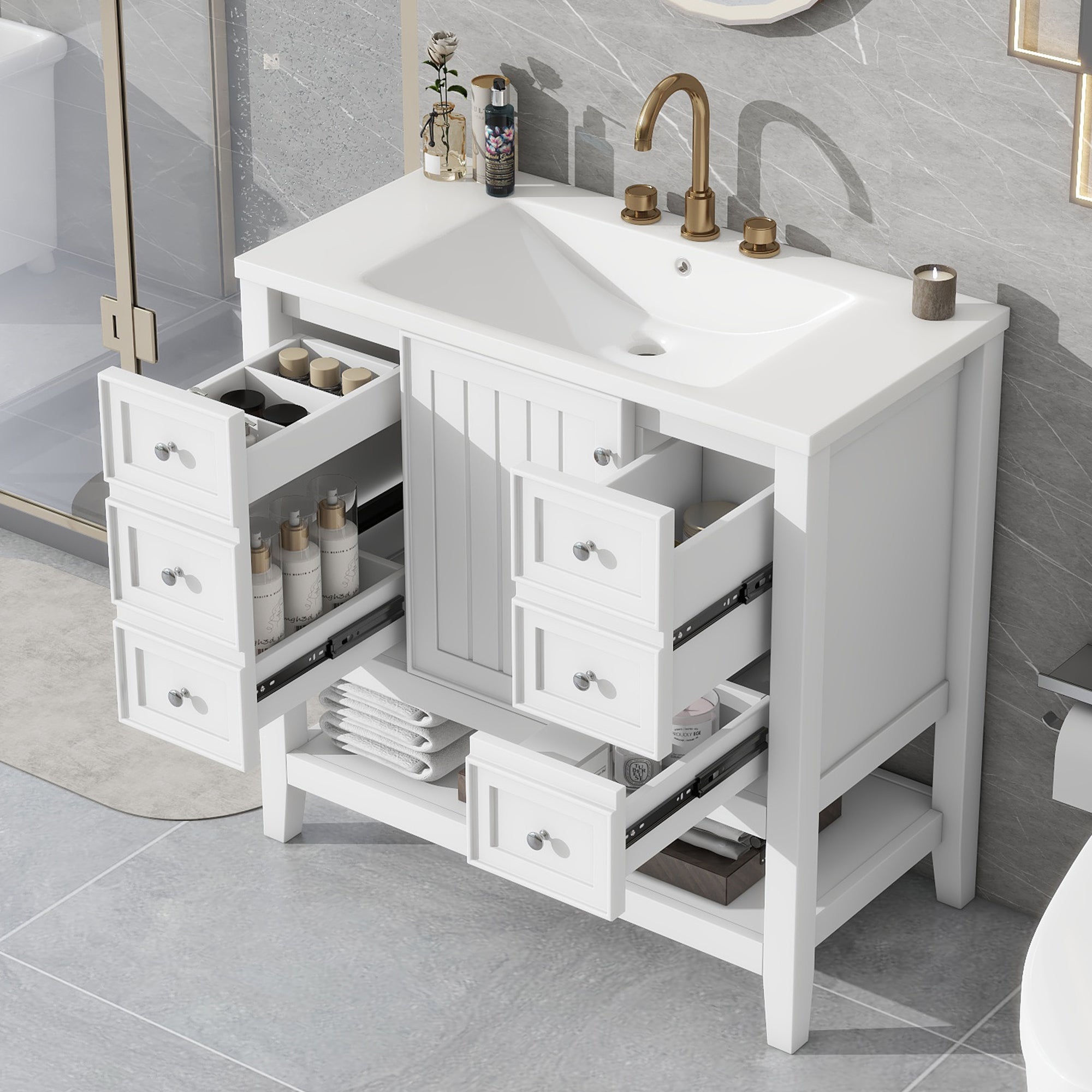 36' Bathroom Vanity with Sink, One Cabinet and Three Drawers, Solid Wood and MDF Board, White (Old Sku:SY999505AAK-6)