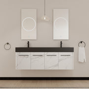 60 Inch Wall-Mounted Bathroom Vanity with Sink, Thick Edged Double Black Resin Sink, KD-Package