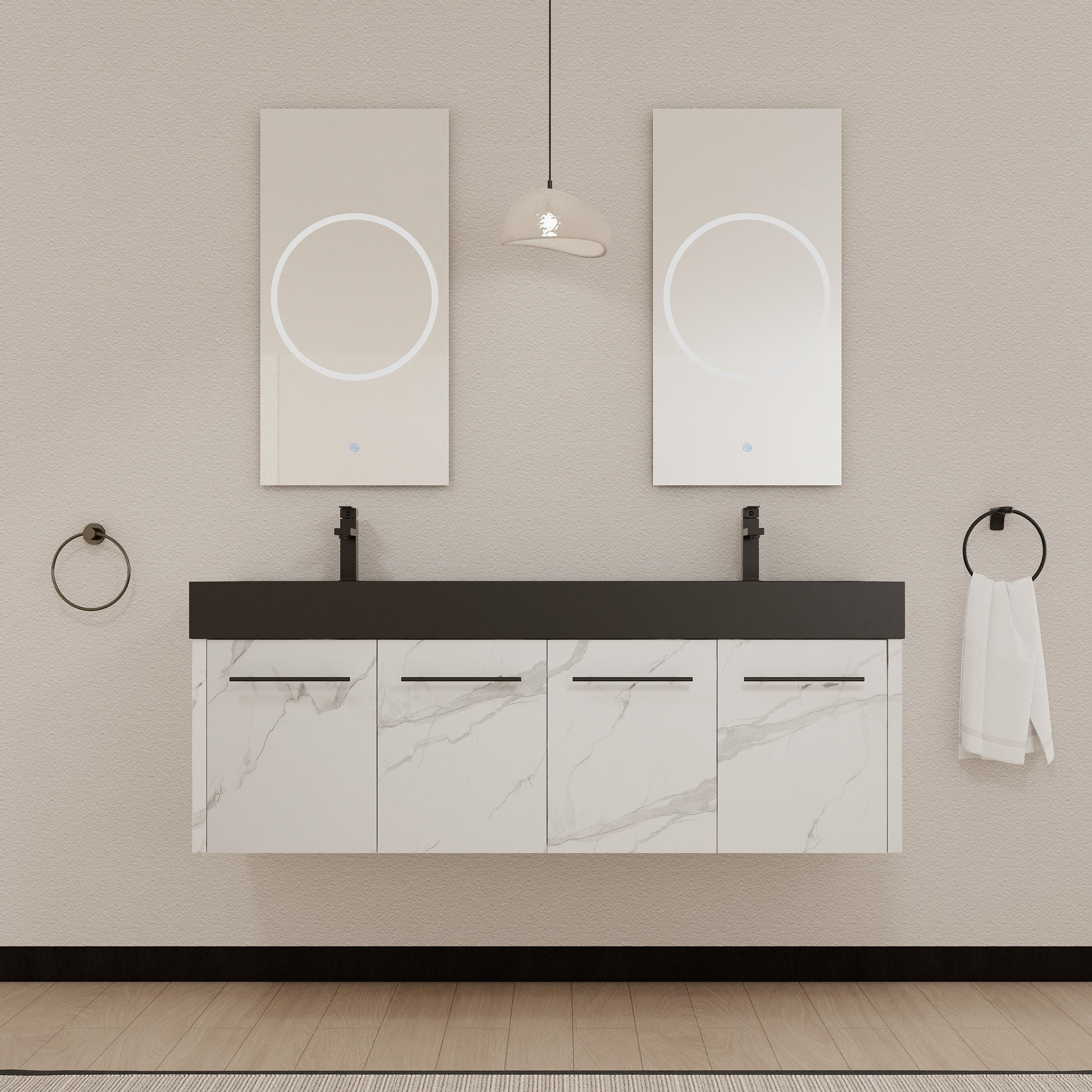 60 Inch Wall-Mounted Bathroom Vanity with Sink, Thick Edged Double Black Resin Sink, KD-Package