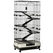 PawHut 60' Small Animal Cage with Wheels, 6-Level Portable Bunny Cage, Chinchilla Ferret Cage with Removable Tray, Platforms and Ramps, Black