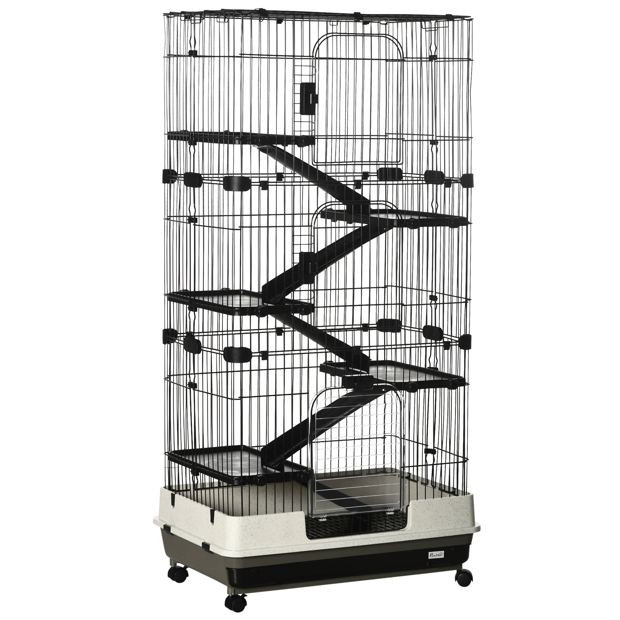 PawHut 60' Small Animal Cage with Wheels, 6-Level Portable Bunny Cage, Chinchilla Ferret Cage with Removable Tray, Platforms and Ramps, Black