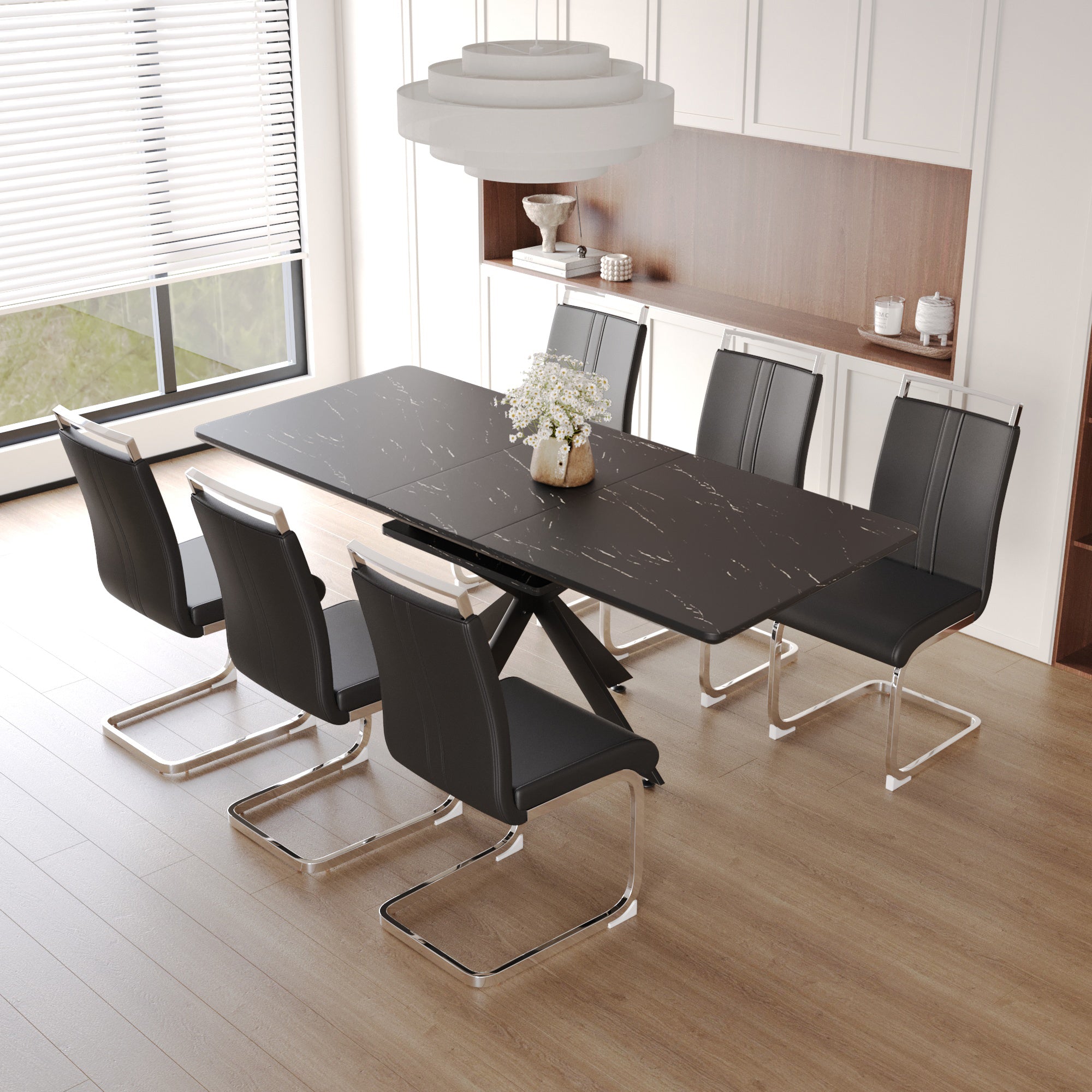 62.4' extendable 78.15' dining Table Set for 6-8 Person for Dining Room,C-shaped Tube Soft padded armless dining chair and Very large Dining Room Table Kitchen Table Chair Set with metal Legs