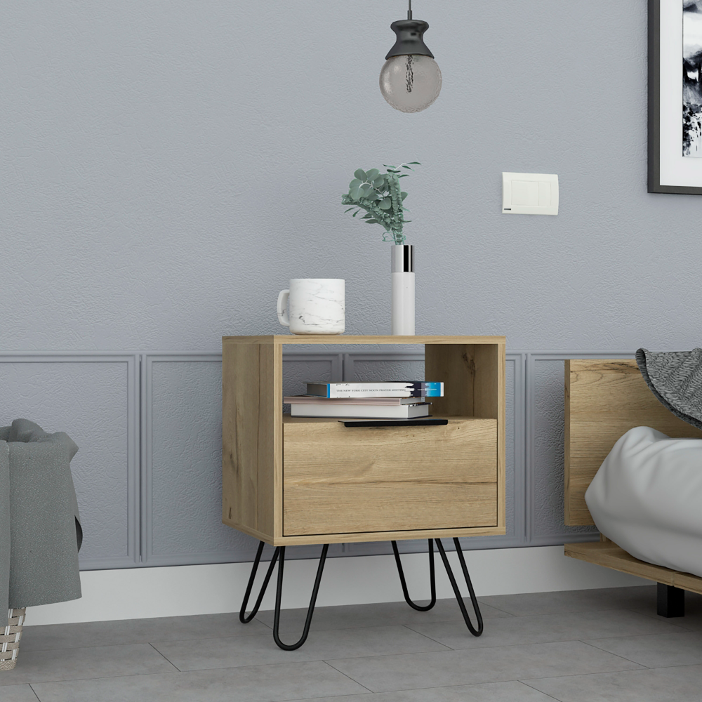 Nightstand 22'H, One Open Shelf, Single Door Cabient, Hairpin Legs, Light Oak