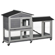 PawHut 62' Wooden Rabbit Hutch, Bunny Cage, Pet Playpen House with Wheels, Run Box, No Leak Tray, and Ramp for Small Animals, Indoor/Outdoor Use, Light Gray