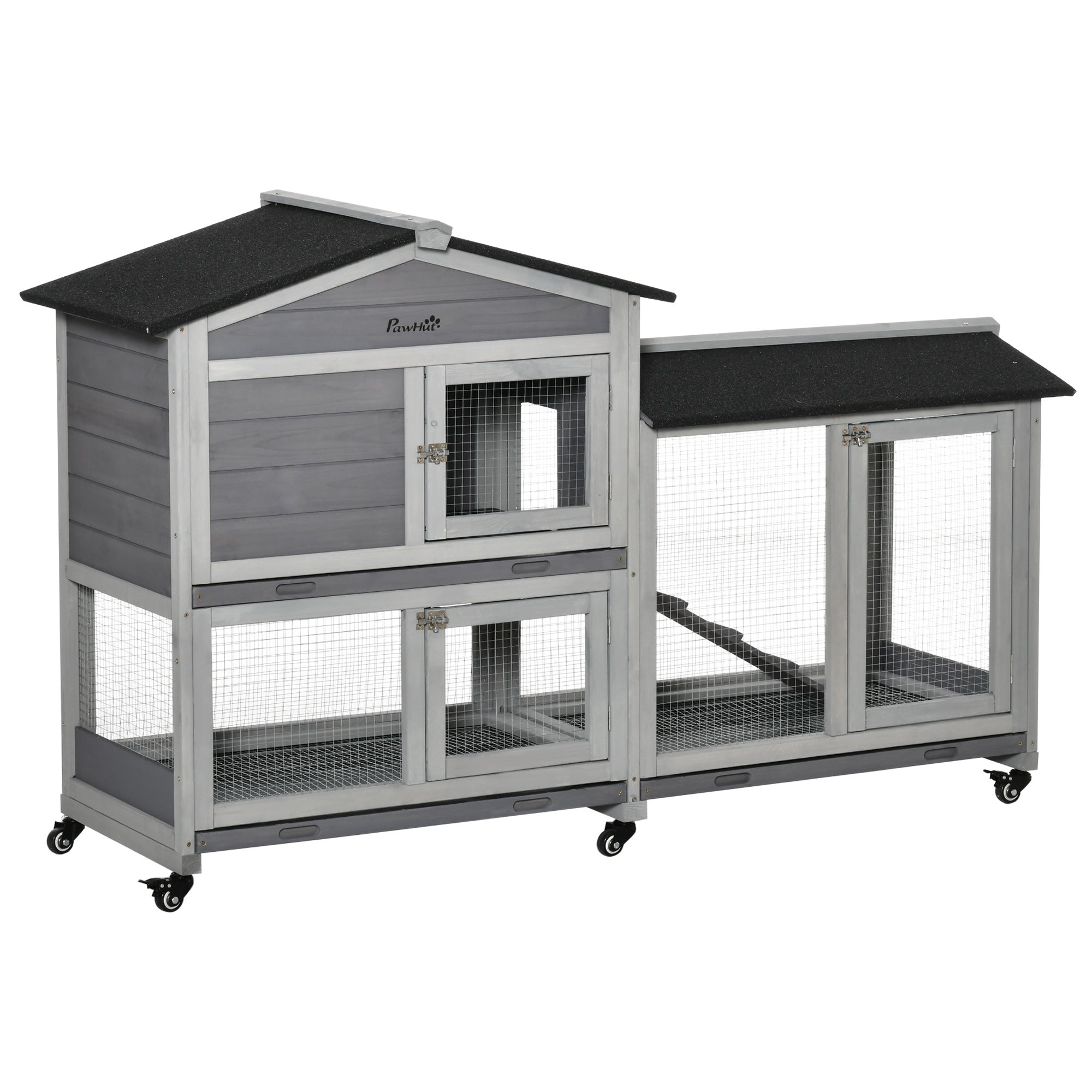 PawHut 62' Wooden Rabbit Hutch, Bunny Cage, Pet Playpen House with Wheels, Run Box, No Leak Tray, and Ramp for Small Animals, Indoor/Outdoor Use, Light Gray