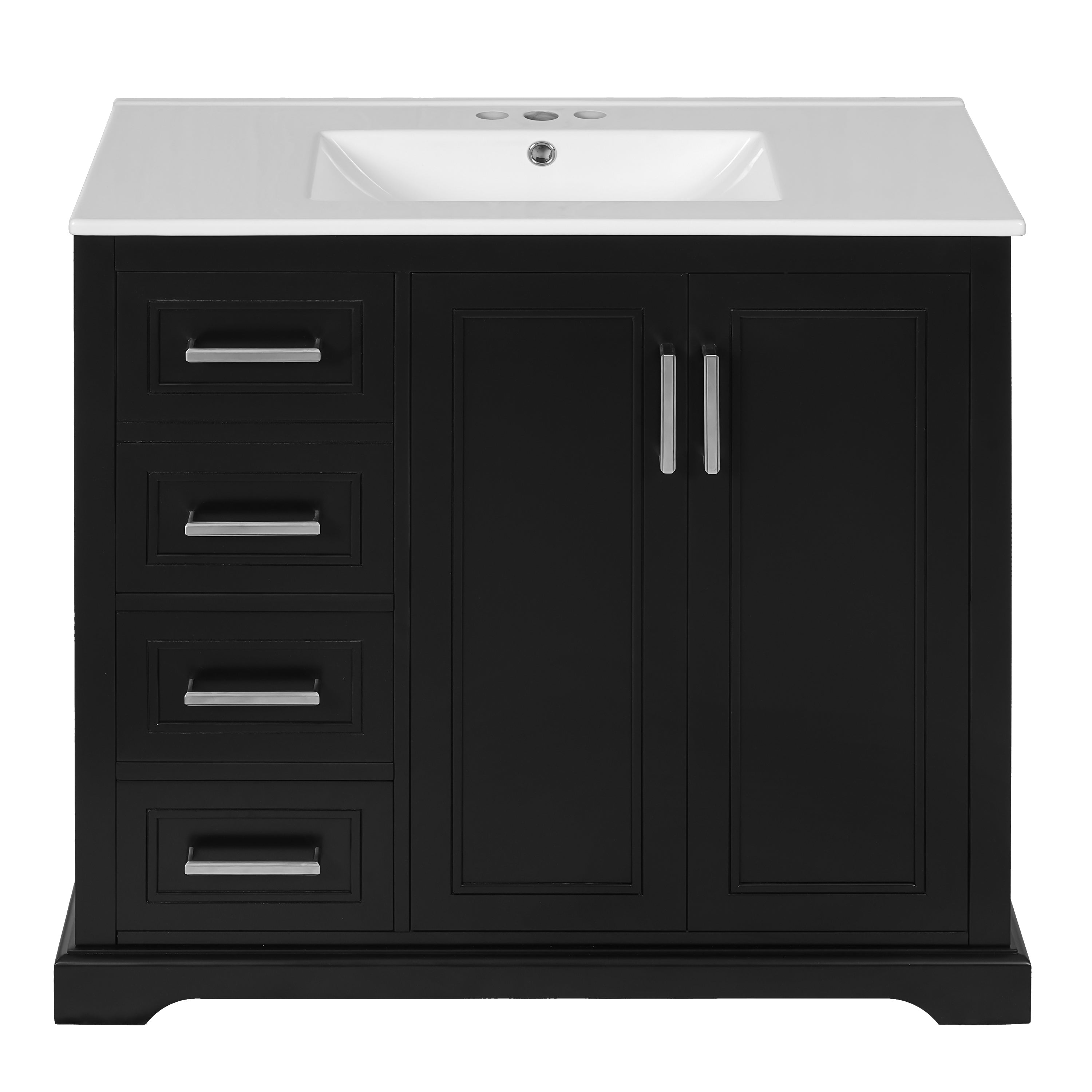 36' Modern Bathroom Vanity with Ceramic Sink, Soft-Close Doors, Adjustable Shelf & 3 Drawers in Black Finish, Solid Wood+MDF Construction