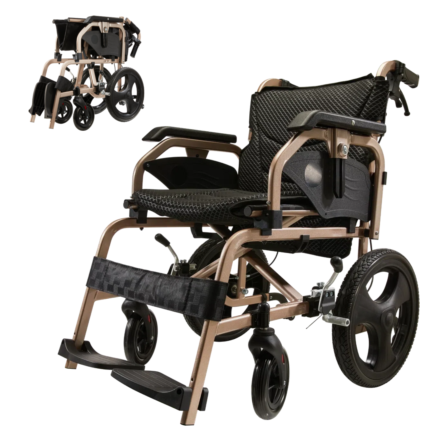 Lightweight Foldable Transport Wheelchair for Adults - Square Tube Design with Double Brakes,Adjustable Armrest & Breathable Seat Cushion - Ideal for Elderly,Disabled & Post-surgery Recovery,Gold