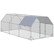 PawHut Large Chicken Coop Metal Chicken Run with Waterproof and Anti-UV Cover, Flat Shaped Walk in Fence Cage Hen House for Outdoor and Yard Farm Use, 1' Tube Diameter, 9.2' x 18.7' x 6.4'