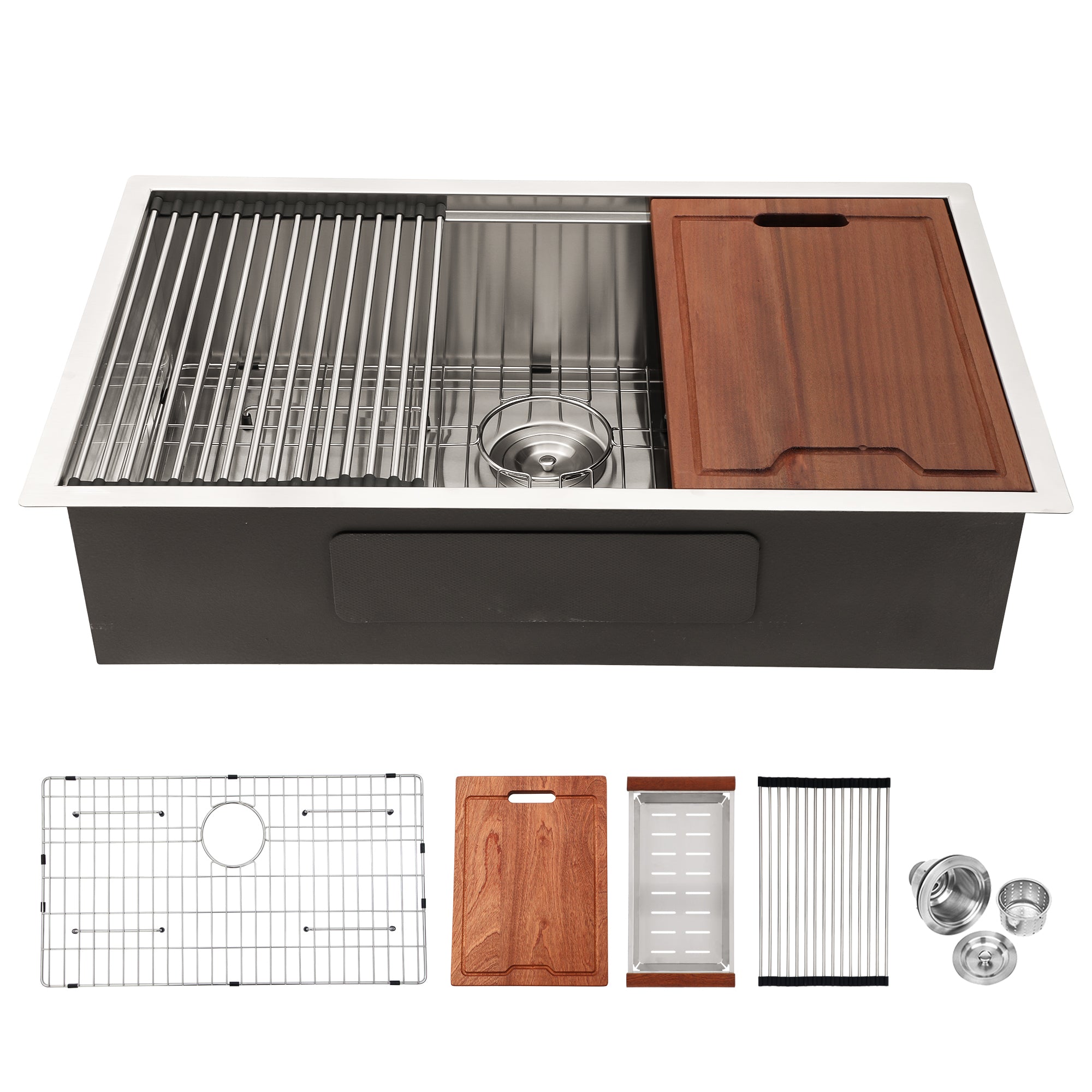 Premium Single Bowl Undermount Workstation Kitchen Sink with Accessories, Brushed Nickel Finish, 33' x 19' x 10', 16 Gauge Stainless Steel